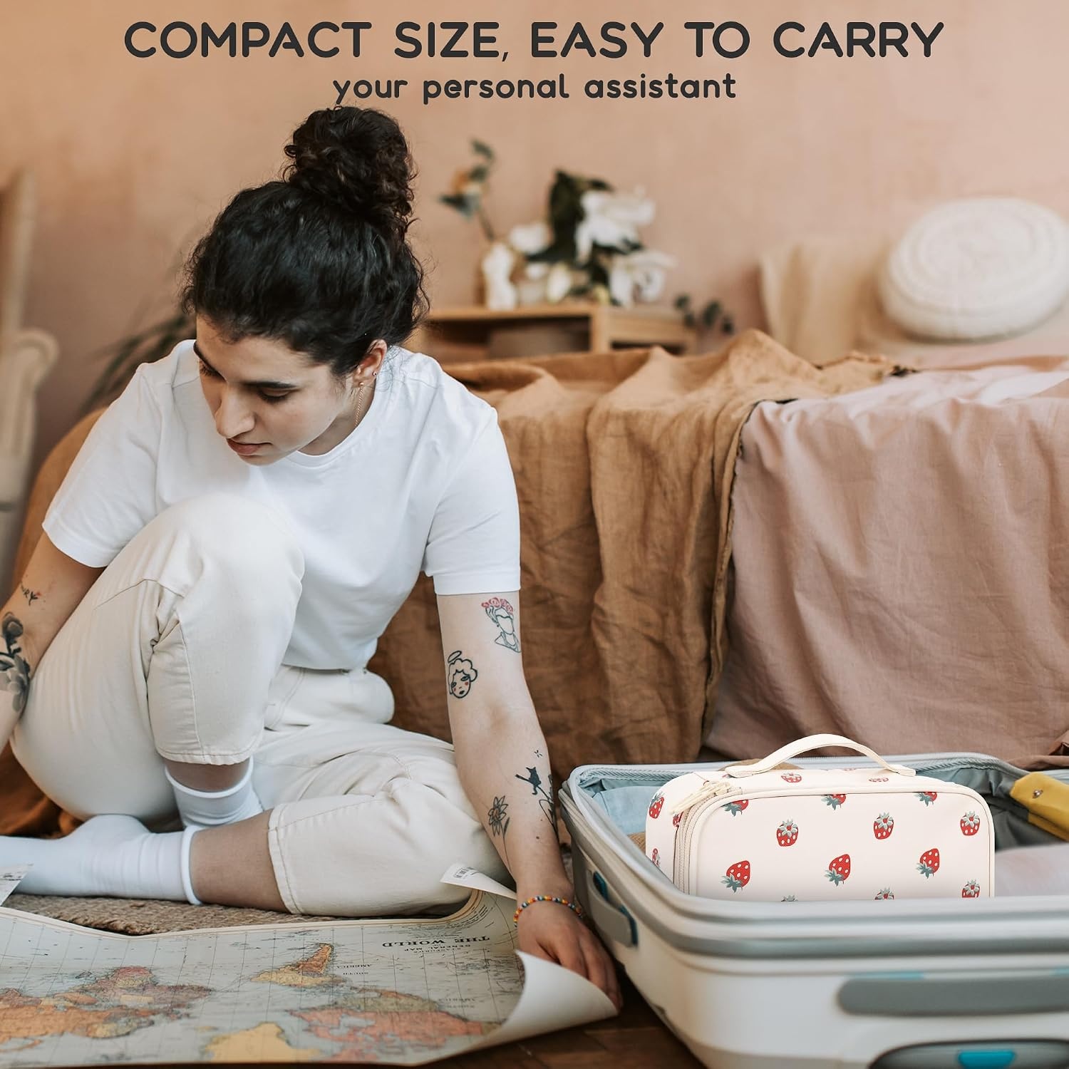 image:imageRelavel Travel Makeup Bag Large Floral Cosmetic Bag with Makeup Brush Compartment Portable Makeup Pouch for Women Double Layer Makeup Organizer Bag Cute Toiletry Bag01AStrawberry