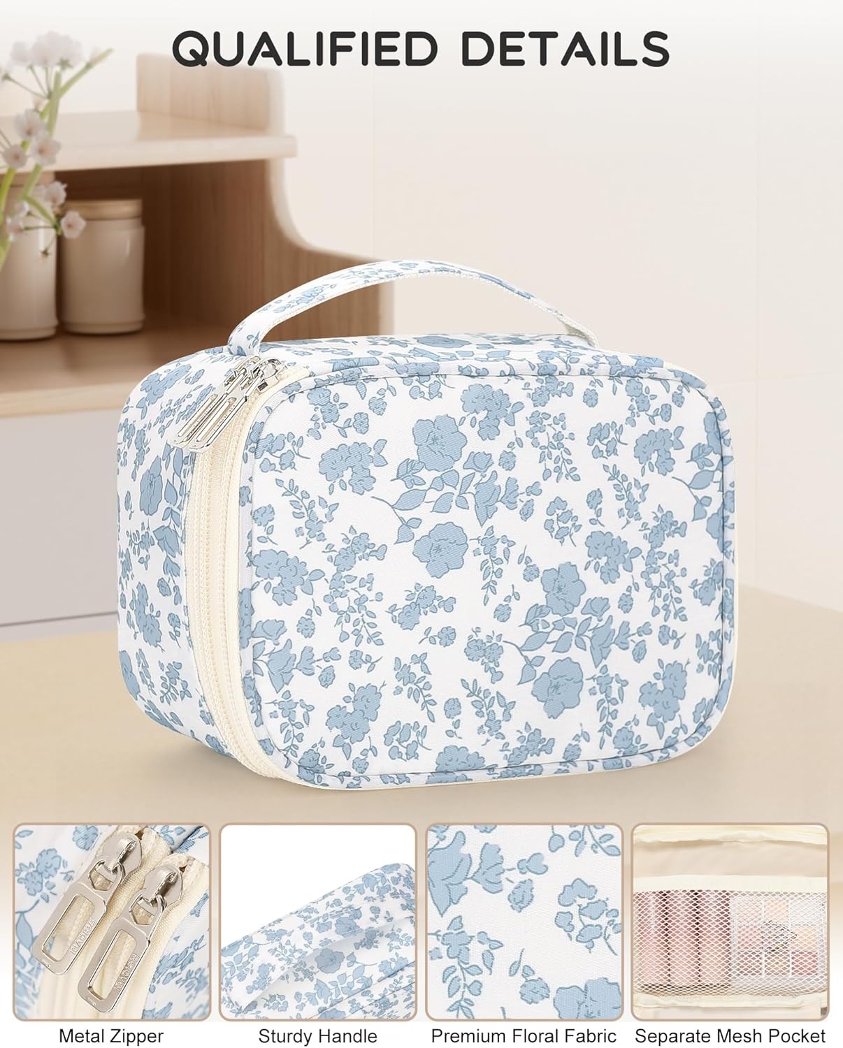 image:imageRelavel Travel Makeup Bag Large Floral Cosmetic Bag with Makeup Brush Compartment Portable Makeup Pouch for Women Double Layer Makeup Organizer Bag Cute Toiletry Bag01Blue Flower