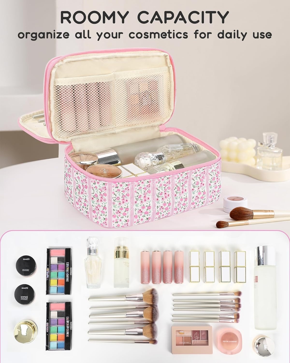 image:imageRelavel Travel Makeup Bag Large Floral Cosmetic Bag with Makeup Brush Compartment Portable Makeup Pouch for Women Double Layer Makeup Organizer Bag Cute Toiletry Bag01CFloral Pink