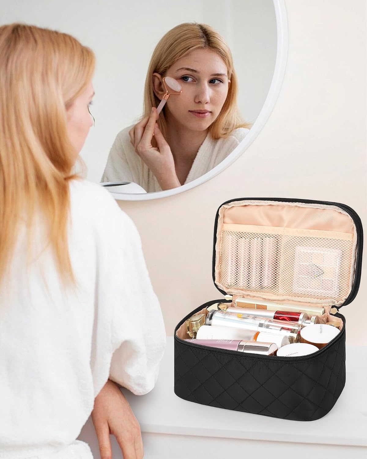 image:imageRelavel Travel Makeup Bag Large Floral Cosmetic Bag with Makeup Brush Compartment Portable Makeup Pouch for Women Double Layer Makeup Organizer Bag Cute Toiletry Bag01Black