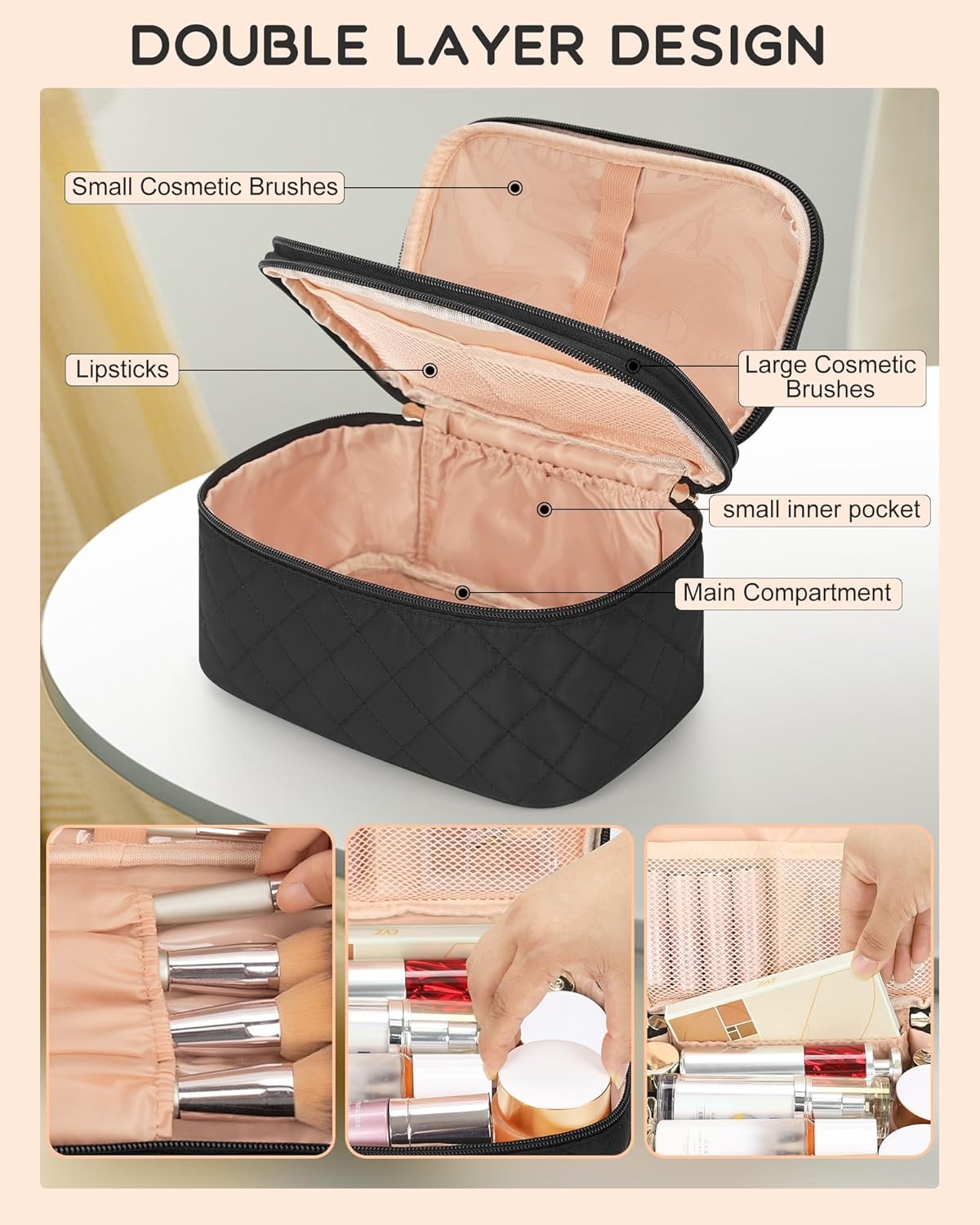 image:imageRelavel Travel Makeup Bag Large Floral Cosmetic Bag with Makeup Brush Compartment Portable Makeup Pouch for Women Double Layer Makeup Organizer Bag Cute Toiletry Bag01Black