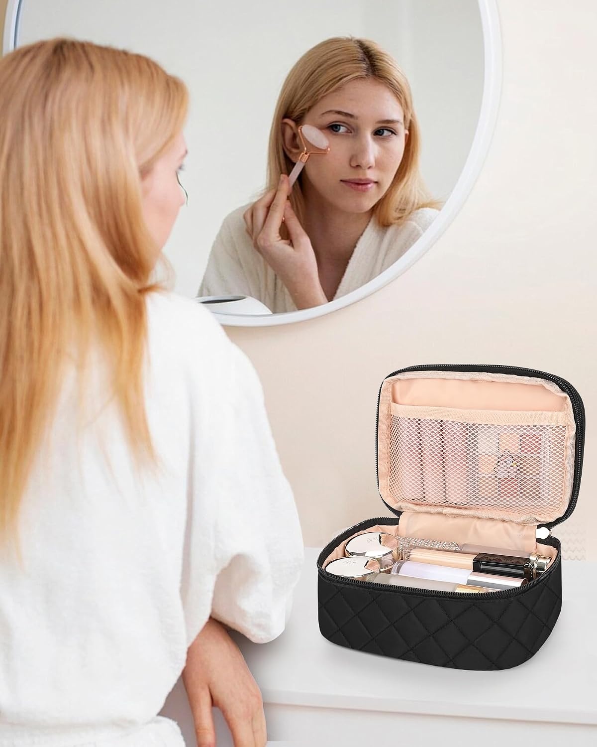 image:imageRelavel Travel Makeup Bag Large Floral Cosmetic Bag with Makeup Brush Compartment Portable Makeup Pouch for Women Double Layer Makeup Organizer Bag Cute Toiletry Bag01Black