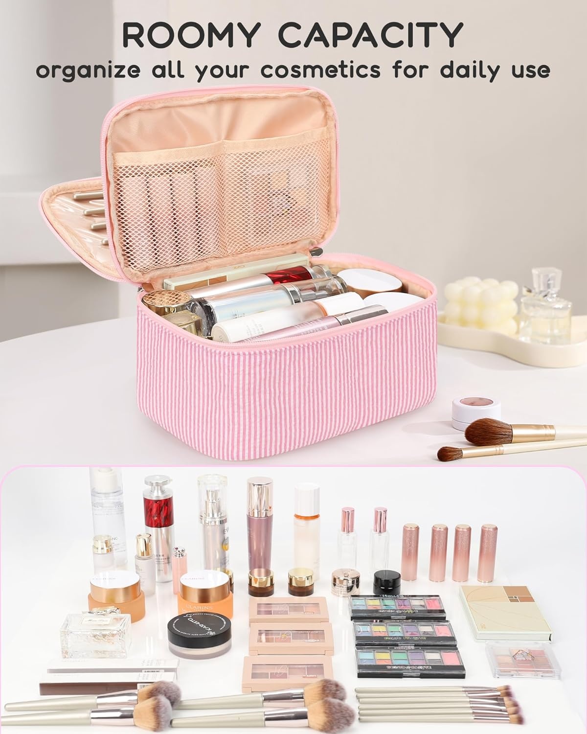 image:imageRelavel Travel Makeup Bag Large Floral Cosmetic Bag with Makeup Brush Compartment Portable Makeup Pouch for Women Double Layer Makeup Organizer Bag Cute Toiletry Bag01Pink Strip