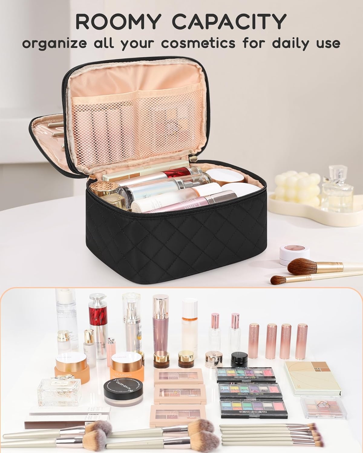 image:imageRelavel Travel Makeup Bag Large Floral Cosmetic Bag with Makeup Brush Compartment Portable Makeup Pouch for Women Double Layer Makeup Organizer Bag Cute Toiletry Bag01Black