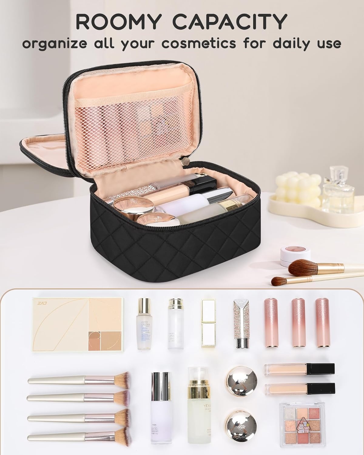 image:imageRelavel Travel Makeup Bag Large Floral Cosmetic Bag with Makeup Brush Compartment Portable Makeup Pouch for Women Double Layer Makeup Organizer Bag Cute Toiletry Bag01Black