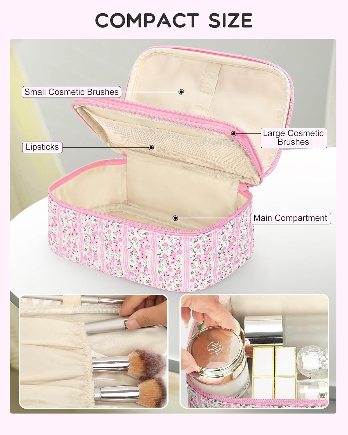 image:imageRelavel Travel Makeup Bag Large Floral Cosmetic Bag with Makeup Brush Compartment Portable Makeup Pouch for Women Double Layer Makeup Organizer Bag Cute Toiletry Bag01CFloral Pink