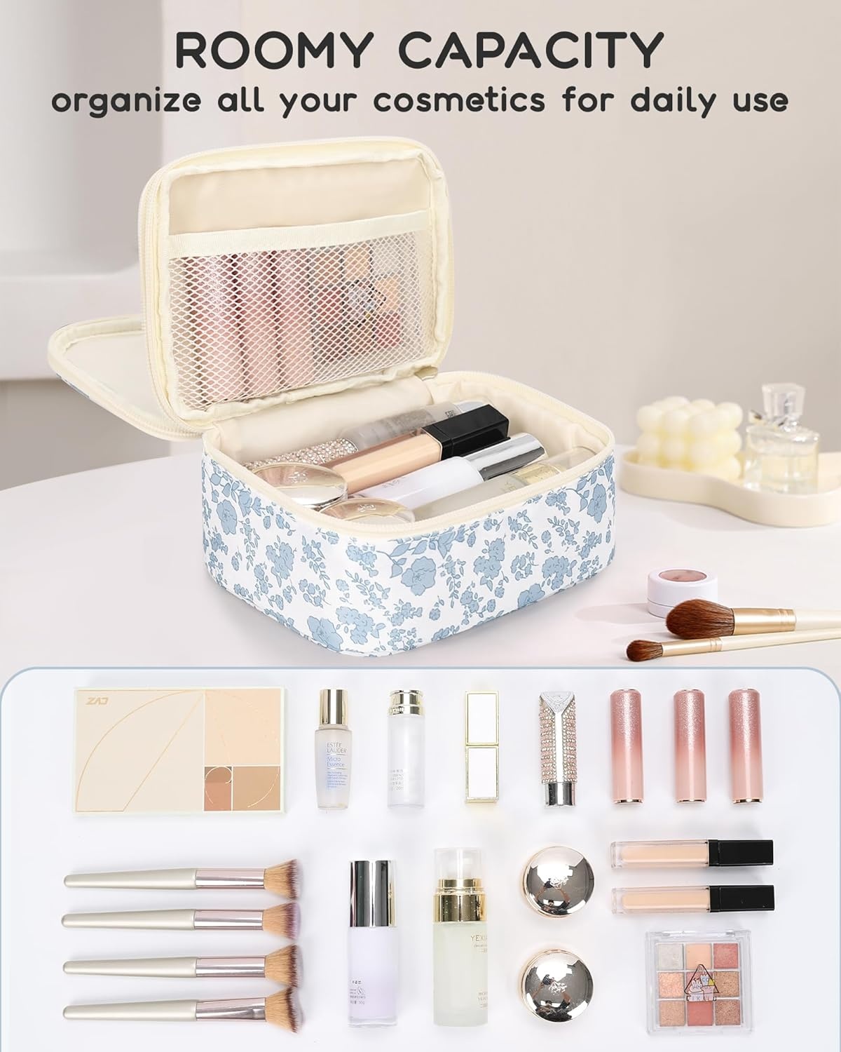 image:imageRelavel Travel Makeup Bag Large Floral Cosmetic Bag with Makeup Brush Compartment Portable Makeup Pouch for Women Double Layer Makeup Organizer Bag Cute Toiletry Bag01Blue Flower