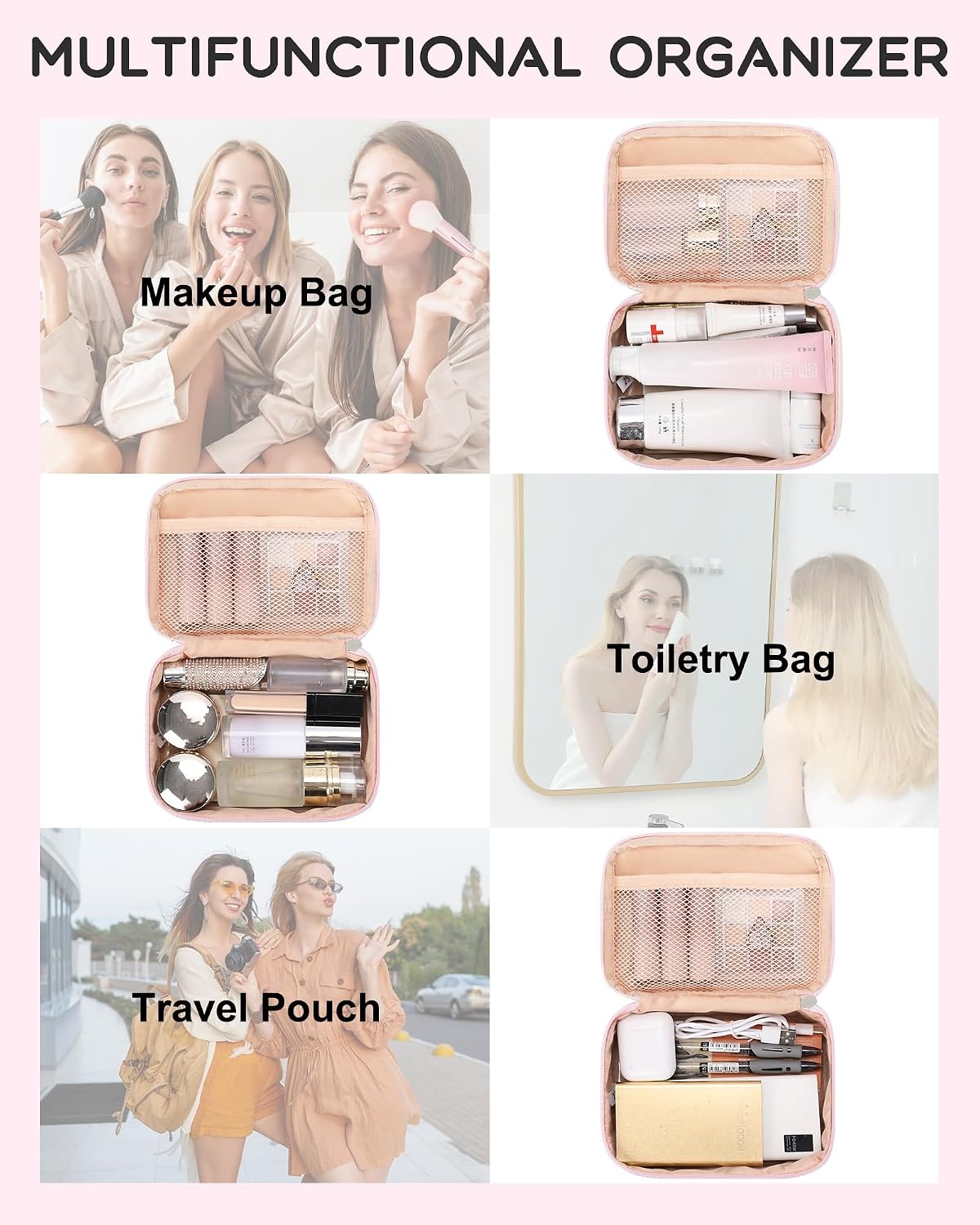image:imageRelavel Travel Makeup Bag Large Floral Cosmetic Bag with Makeup Brush Compartment Portable Makeup Pouch for Women Double Layer Makeup Organizer Bag Cute Toiletry Bag01Pink Strip