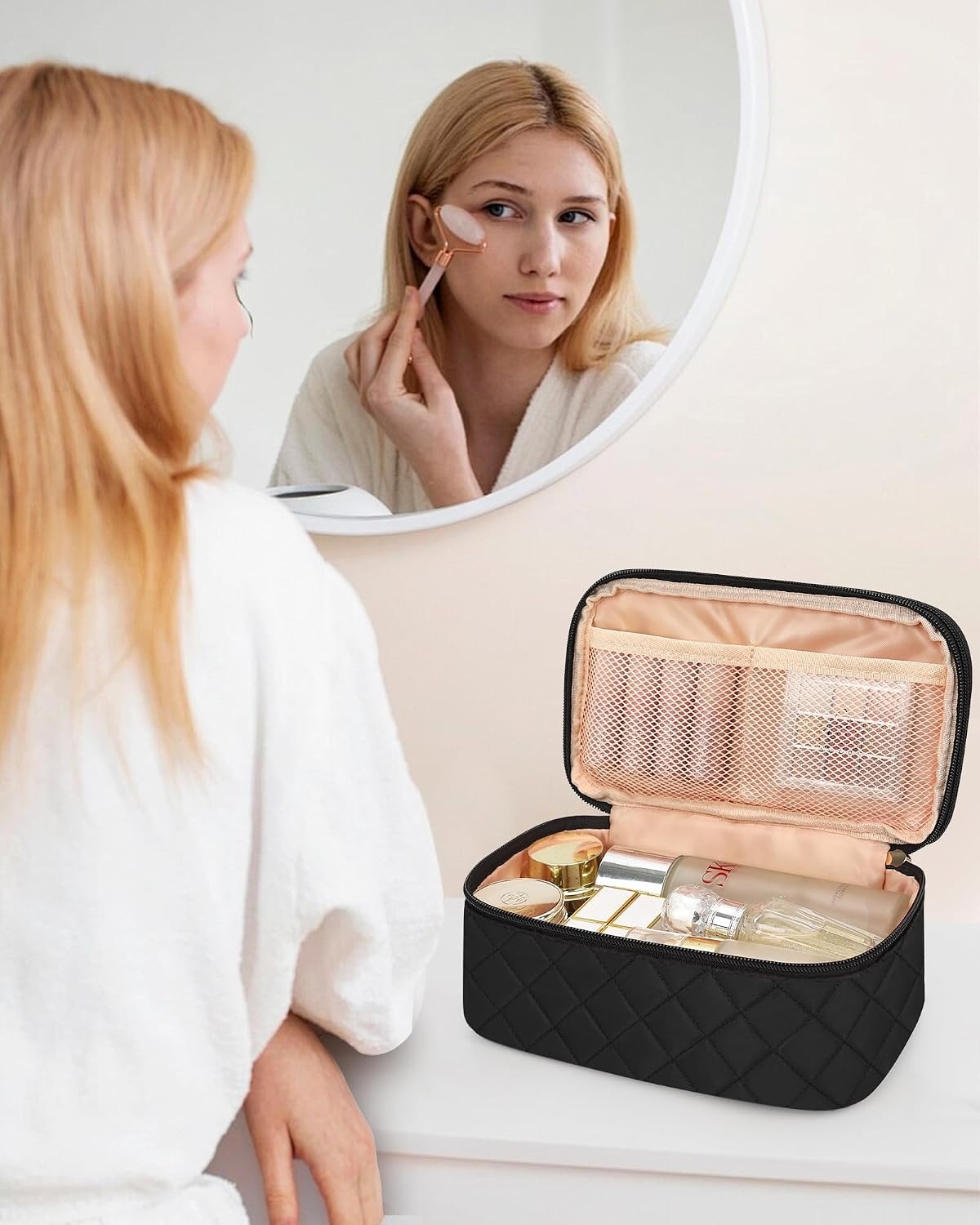 image:imageRelavel Travel Makeup Bag Large Floral Cosmetic Bag with Makeup Brush Compartment Portable Makeup Pouch for Women Double Layer Makeup Organizer Bag Cute Toiletry Bag01Black