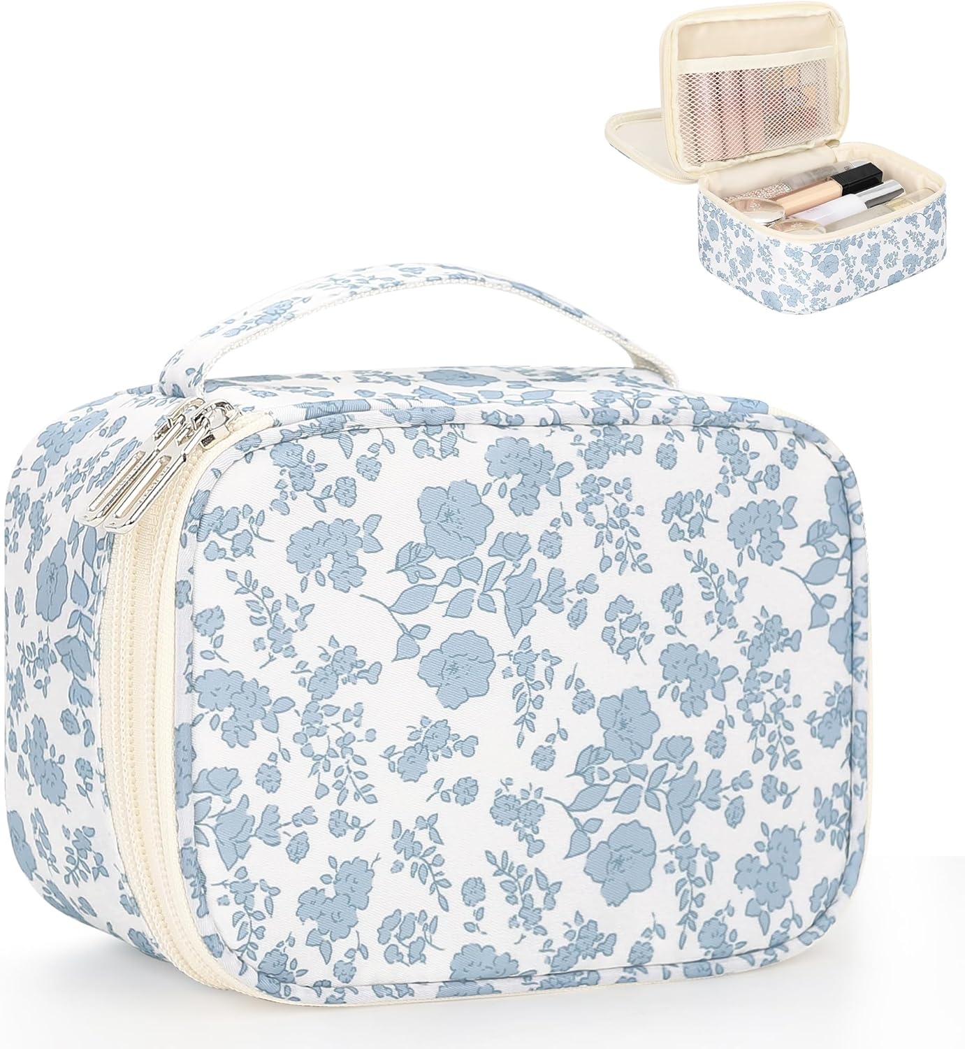 image:imageRelavel Travel Makeup Bag Large Floral Cosmetic Bag with Makeup Brush Compartment Portable Makeup Pouch for Women Double Layer Makeup Organizer Bag Cute Toiletry Bag01Blue Flower