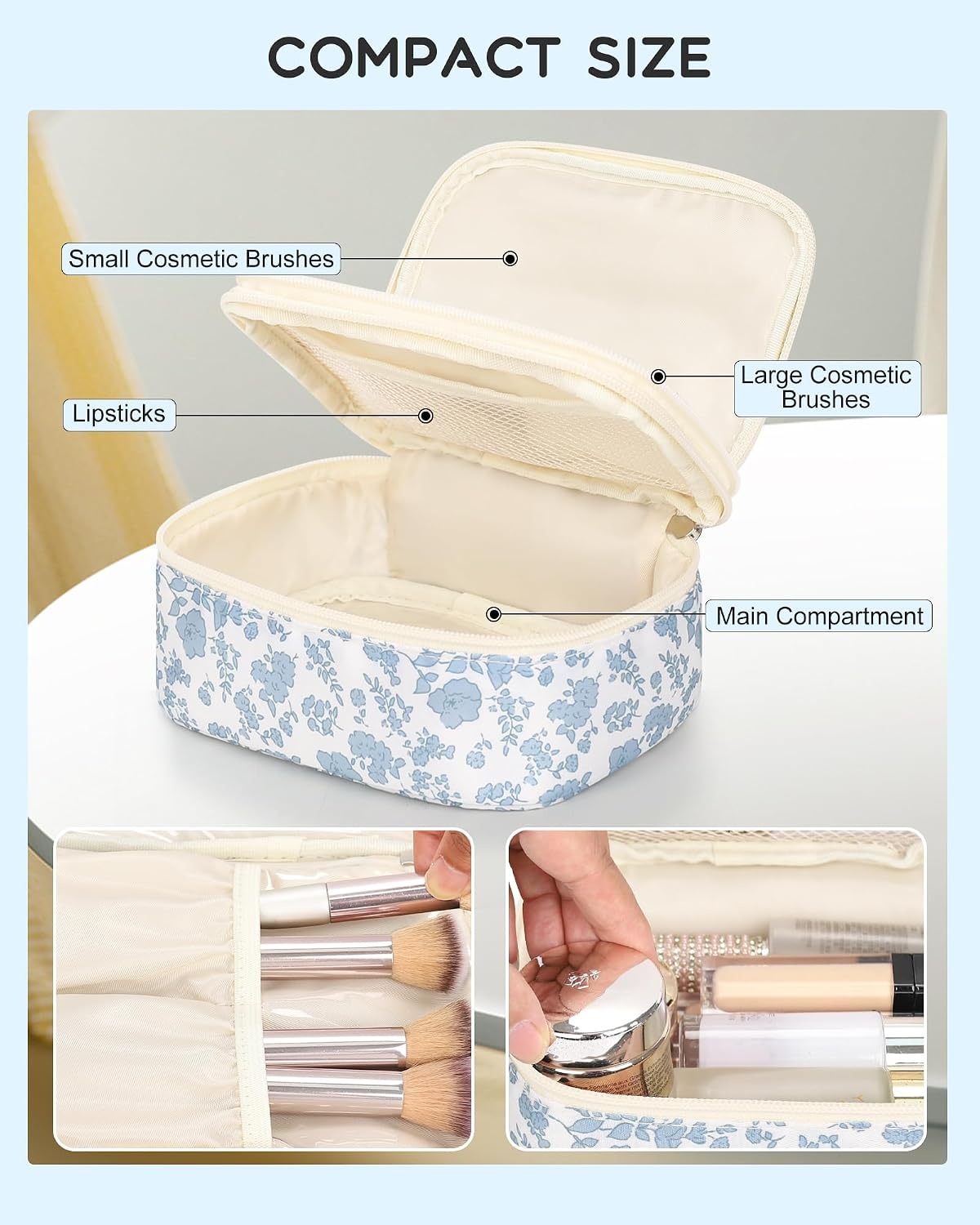 image:imageRelavel Travel Makeup Bag Large Floral Cosmetic Bag with Makeup Brush Compartment Portable Makeup Pouch for Women Double Layer Makeup Organizer Bag Cute Toiletry Bag01Blue Flower