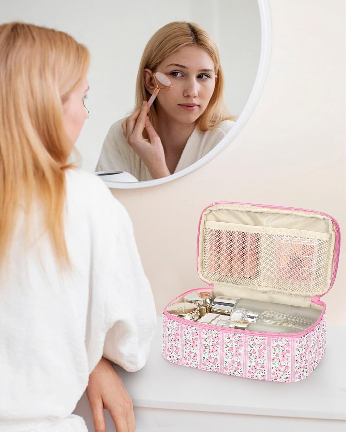 image:imageRelavel Travel Makeup Bag Large Floral Cosmetic Bag with Makeup Brush Compartment Portable Makeup Pouch for Women Double Layer Makeup Organizer Bag Cute Toiletry Bag01CFloral Pink