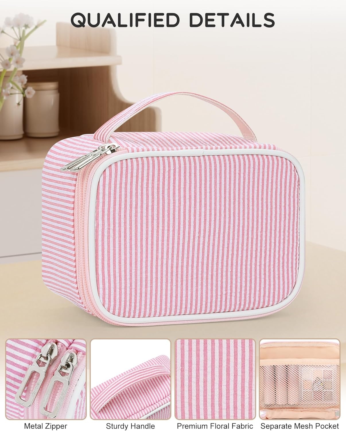 image:imageRelavel Travel Makeup Bag Large Floral Cosmetic Bag with Makeup Brush Compartment Portable Makeup Pouch for Women Double Layer Makeup Organizer Bag Cute Toiletry Bag01Pink Strip