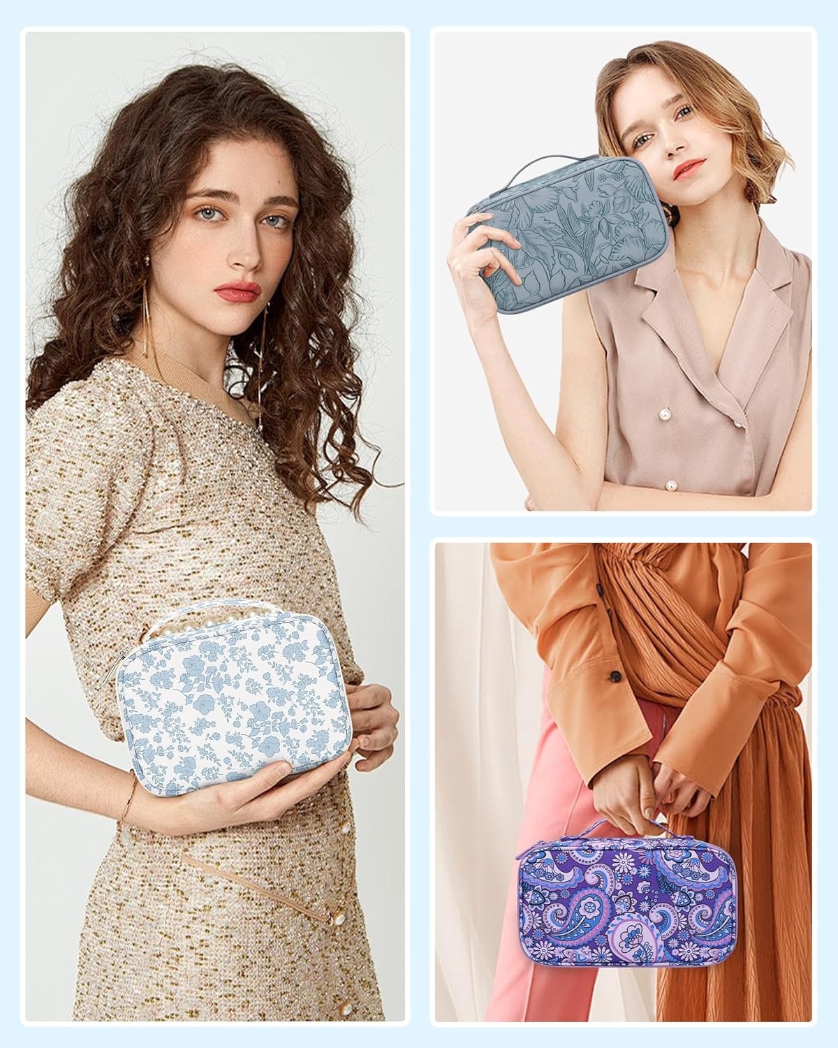 image:imageRelavel Travel Makeup Bag Large Floral Cosmetic Bag with Makeup Brush Compartment Portable Makeup Pouch for Women Double Layer Makeup Organizer Bag Cute Toiletry Bag01Blue Flower