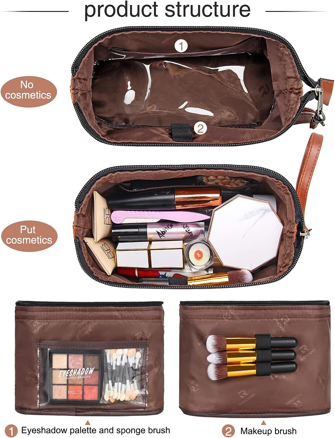 image:imageRelavel Travel Makeup Bag Large Floral Cosmetic Bag with Makeup Brush Compartment Portable Makeup Pouch for Women Double Layer Makeup Organizer Bag Cute Toiletry Bag03Brown Black
