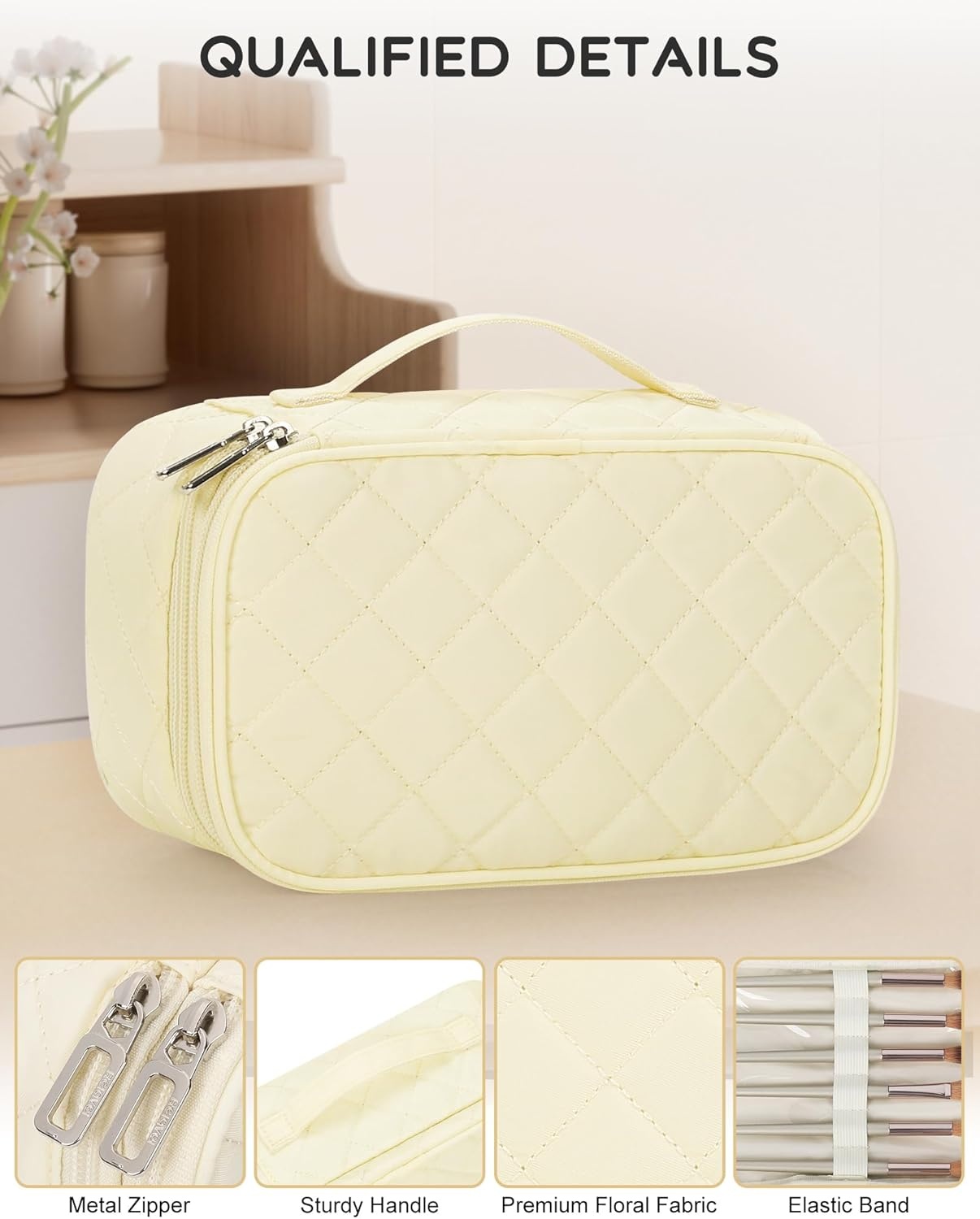 image:imageRelavel Travel Makeup Bag Large Floral Cosmetic Bag with Makeup Brush Compartment Portable Makeup Pouch for Women Double Layer Makeup Organizer Bag Cute Toiletry Bag02White