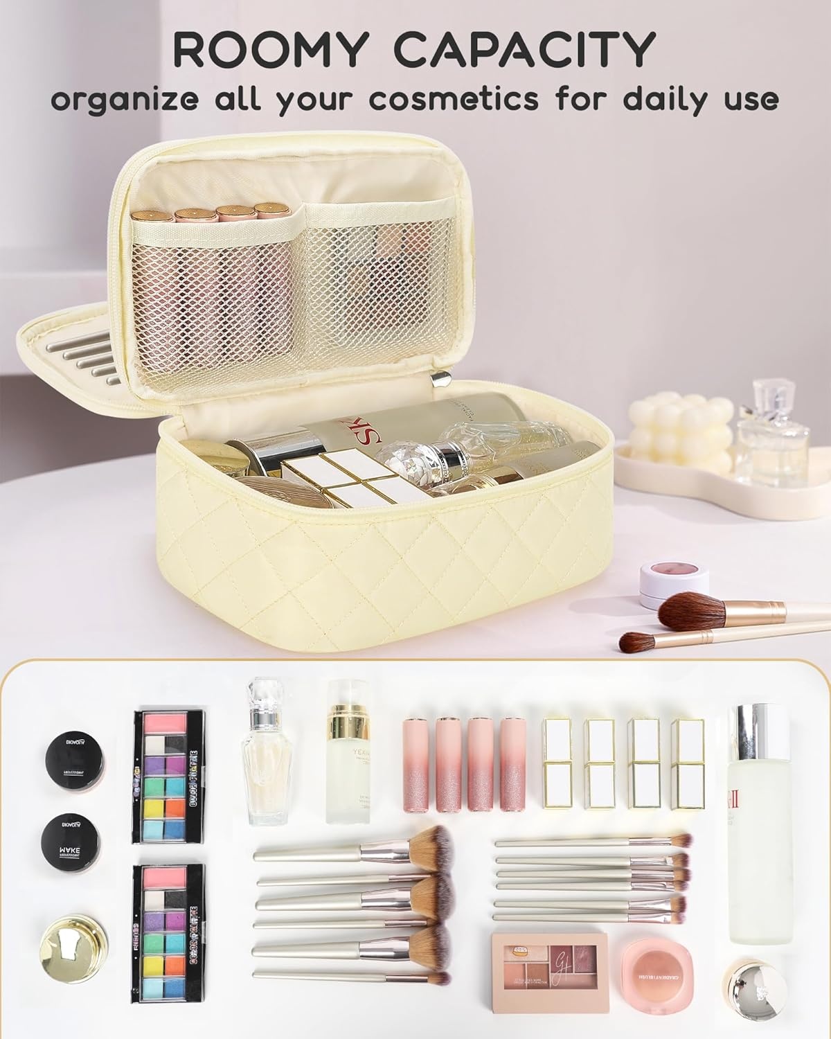 image:imageRelavel Travel Makeup Bag Large Floral Cosmetic Bag with Makeup Brush Compartment Portable Makeup Pouch for Women Double Layer Makeup Organizer Bag Cute Toiletry Bag02White