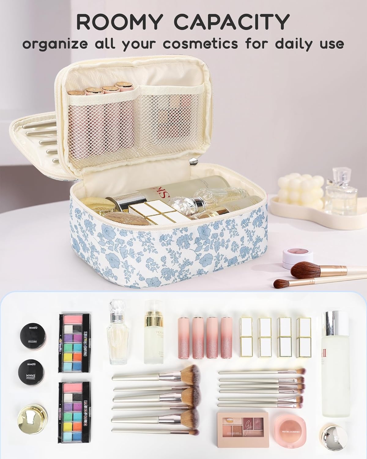 image:imageRelavel Travel Makeup Bag Large Floral Cosmetic Bag with Makeup Brush Compartment Portable Makeup Pouch for Women Double Layer Makeup Organizer Bag Cute Toiletry Bag01Blue Flower