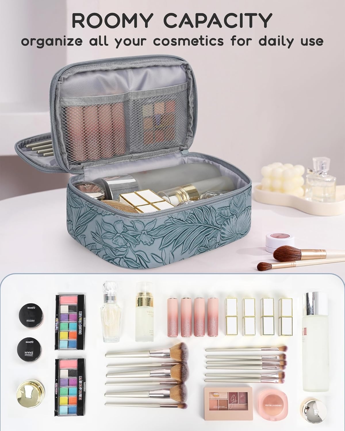 image:imageRelavel Travel Makeup Bag Large Floral Cosmetic Bag with Makeup Brush Compartment Portable Makeup Pouch for Women Double Layer Makeup Organizer Bag Cute Toiletry Bag01BFloral Butterfly