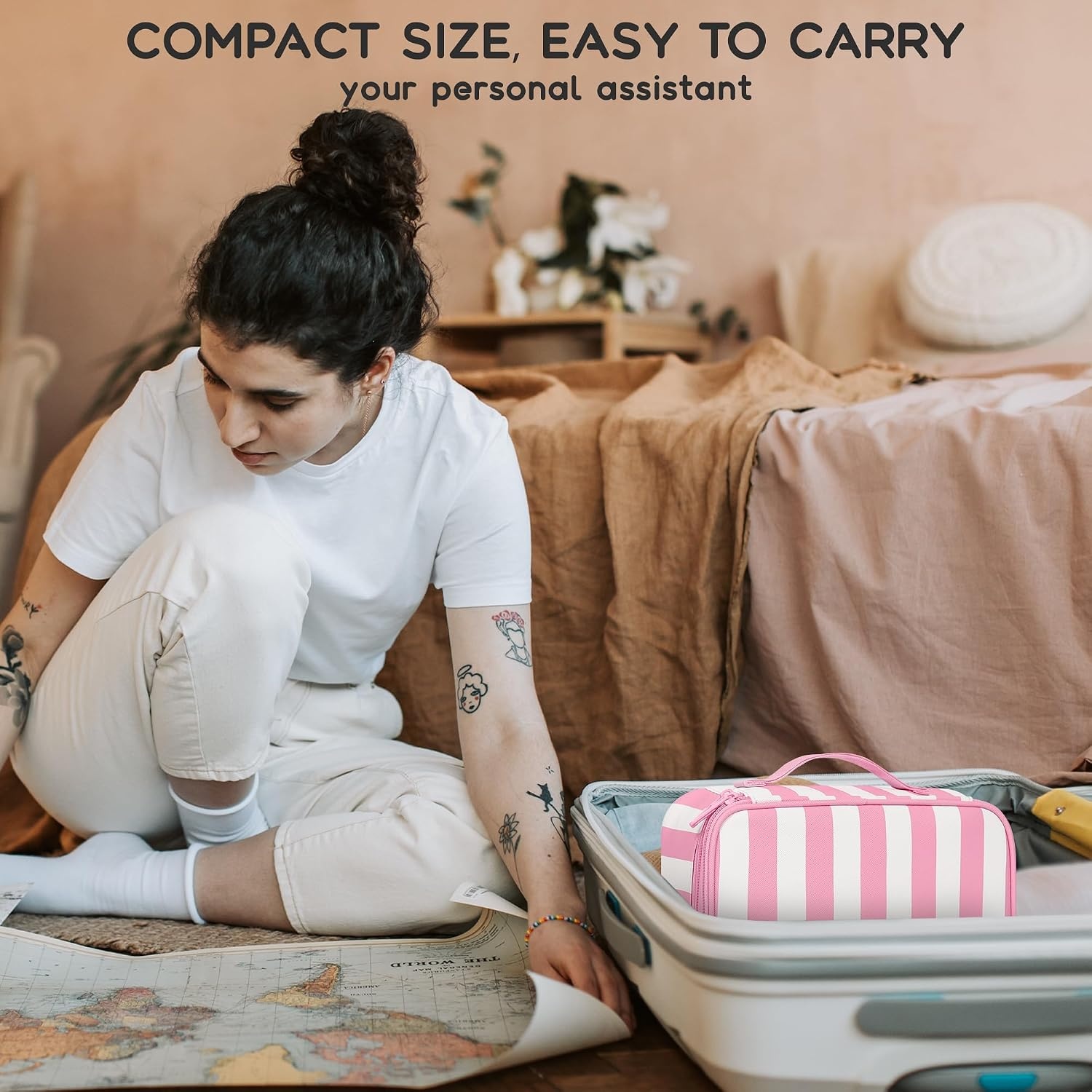 image:imageRelavel Travel Makeup Bag Large Floral Cosmetic Bag with Makeup Brush Compartment Portable Makeup Pouch for Women Double Layer Makeup Organizer Bag Cute Toiletry Bag01BWide Strip