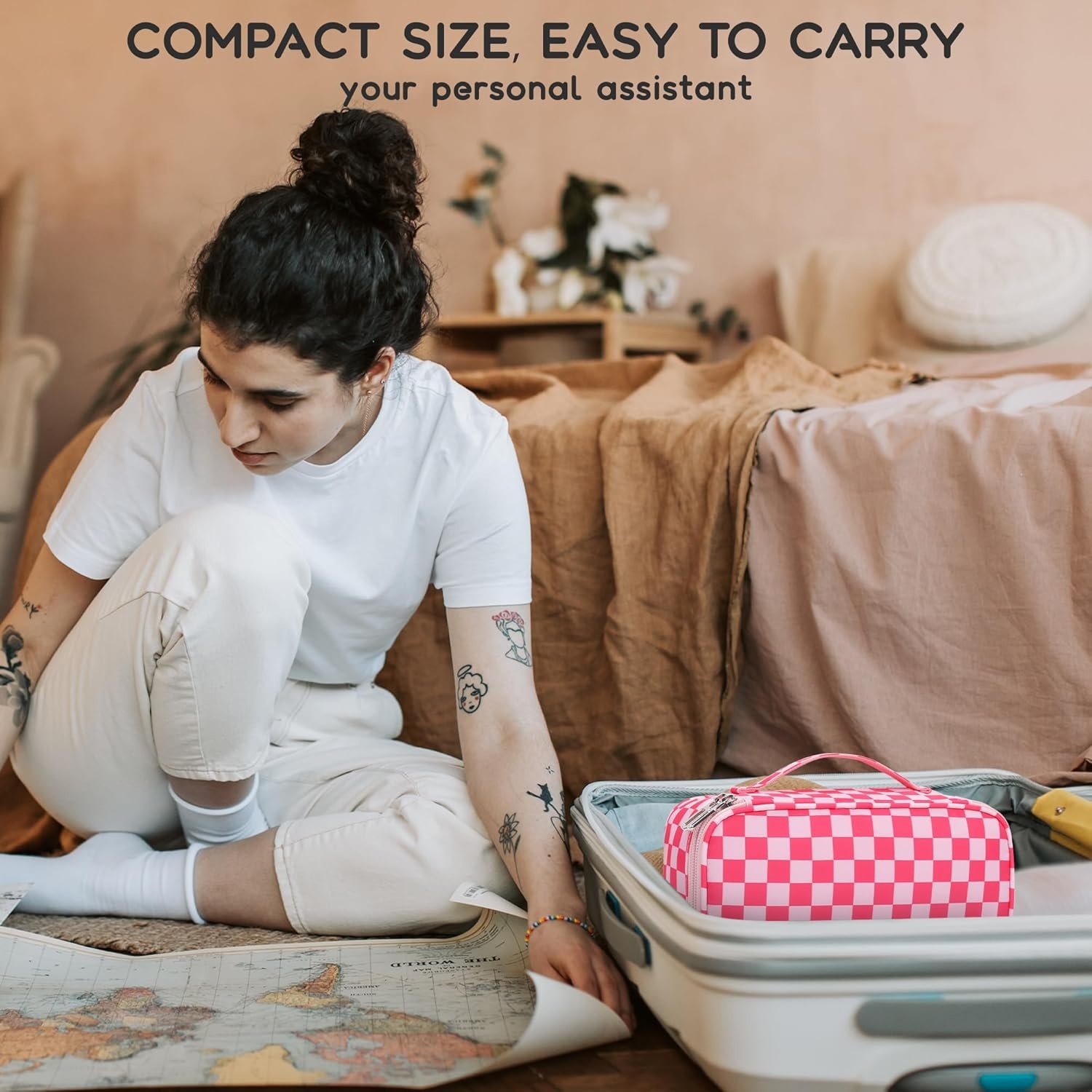 image:imageRelavel Travel Makeup Bag Large Floral Cosmetic Bag with Makeup Brush Compartment Portable Makeup Pouch for Women Double Layer Makeup Organizer Bag Cute Toiletry Bag01AHot Pink CheckBoard