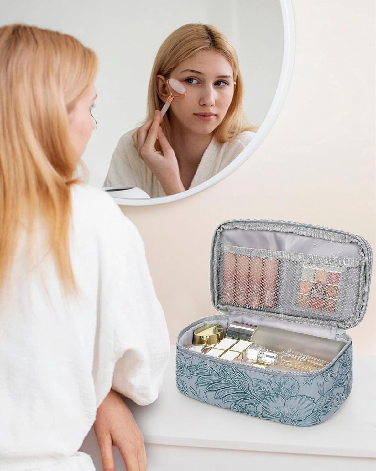 image:imageRelavel Travel Makeup Bag Large Floral Cosmetic Bag with Makeup Brush Compartment Portable Makeup Pouch for Women Double Layer Makeup Organizer Bag Cute Toiletry Bag01BFloral Butterfly