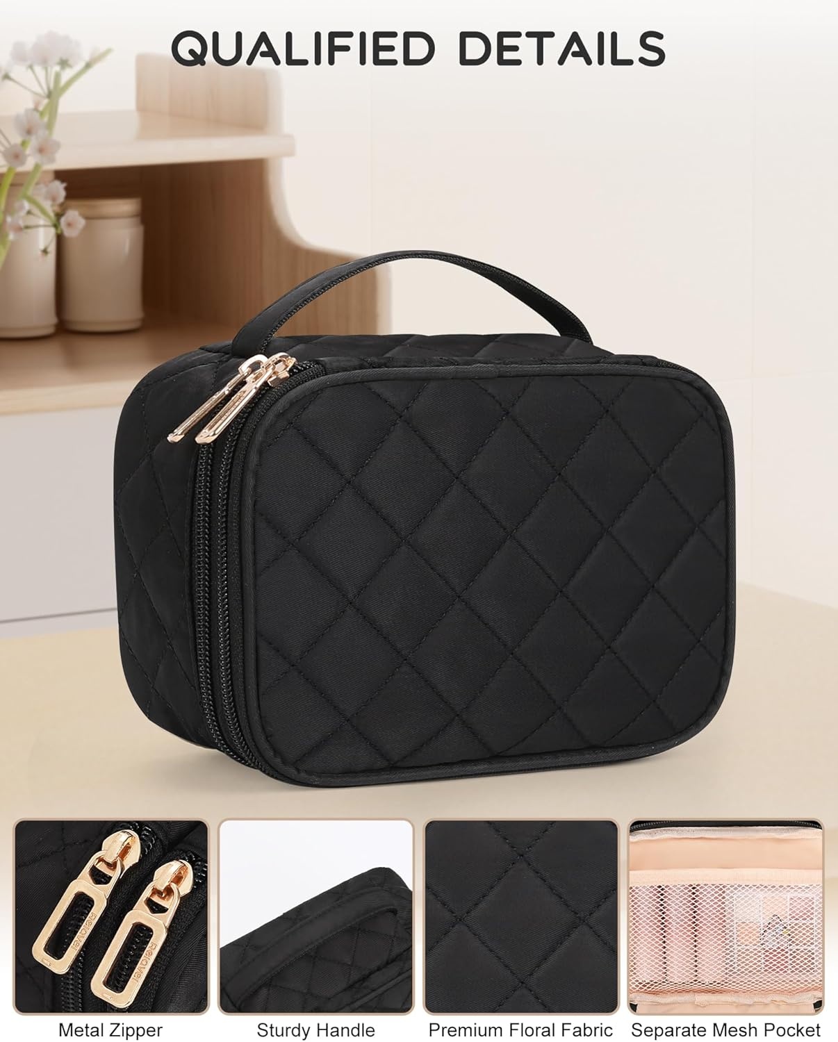 image:imageRelavel Travel Makeup Bag Large Floral Cosmetic Bag with Makeup Brush Compartment Portable Makeup Pouch for Women Double Layer Makeup Organizer Bag Cute Toiletry Bag01Black