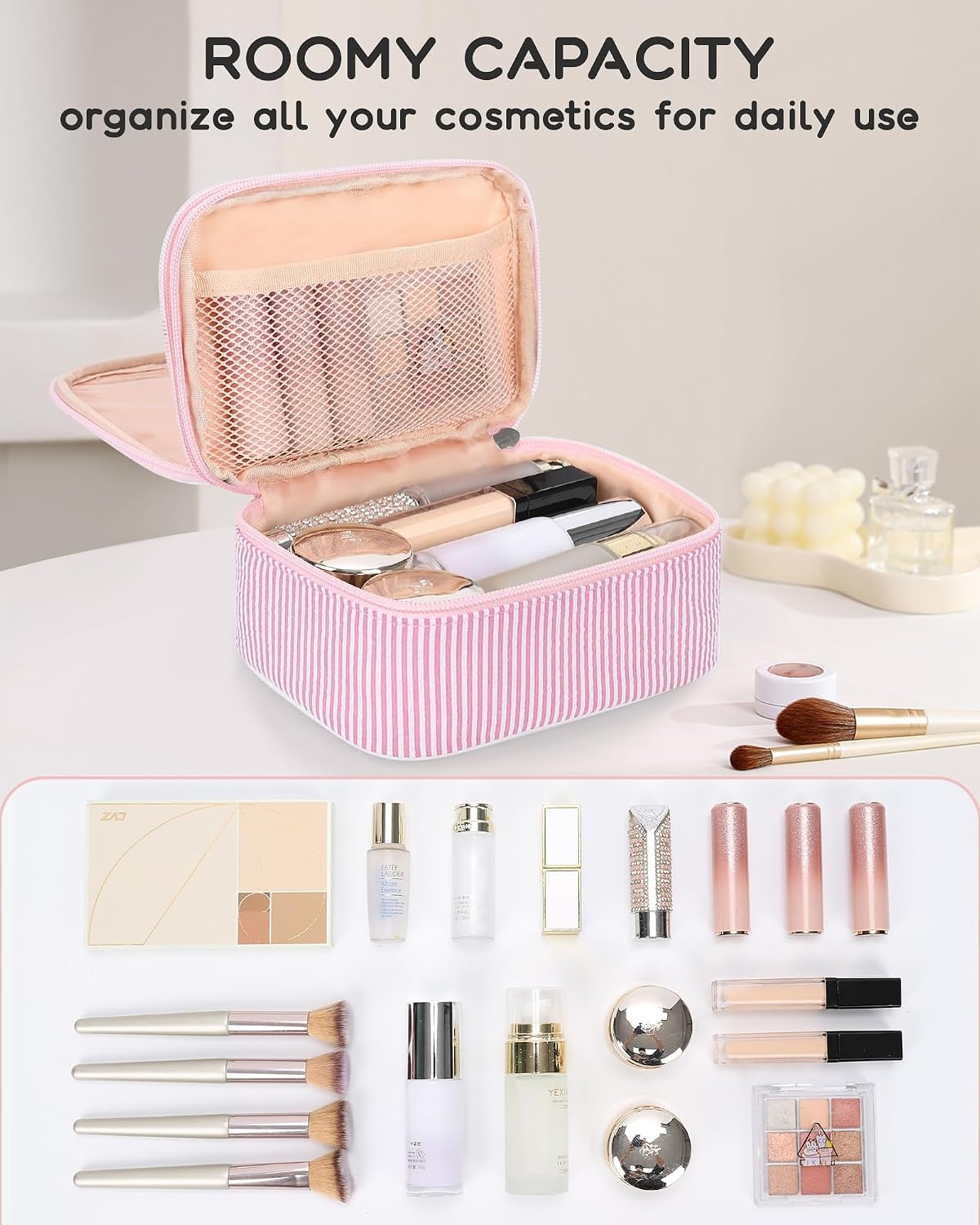 image:imageRelavel Travel Makeup Bag Large Floral Cosmetic Bag with Makeup Brush Compartment Portable Makeup Pouch for Women Double Layer Makeup Organizer Bag Cute Toiletry Bag01Pink Strip
