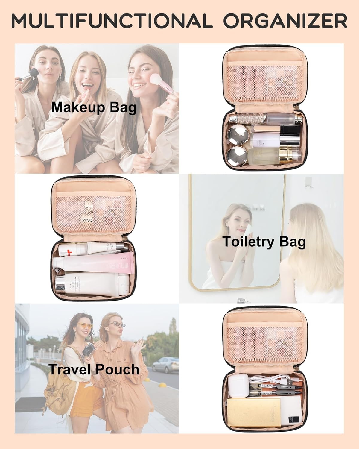 image:imageRelavel Travel Makeup Bag Large Floral Cosmetic Bag with Makeup Brush Compartment Portable Makeup Pouch for Women Double Layer Makeup Organizer Bag Cute Toiletry Bag01Black
