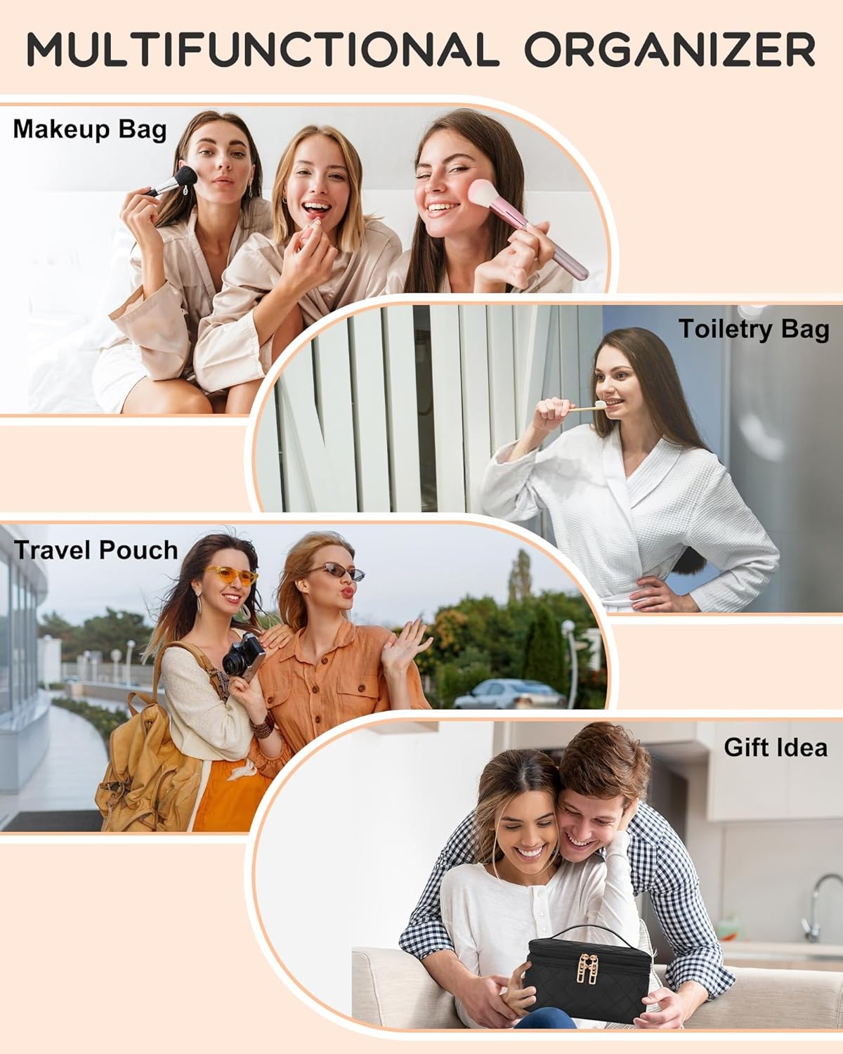 image:imageRelavel Travel Makeup Bag Large Floral Cosmetic Bag with Makeup Brush Compartment Portable Makeup Pouch for Women Double Layer Makeup Organizer Bag Cute Toiletry Bag01Black