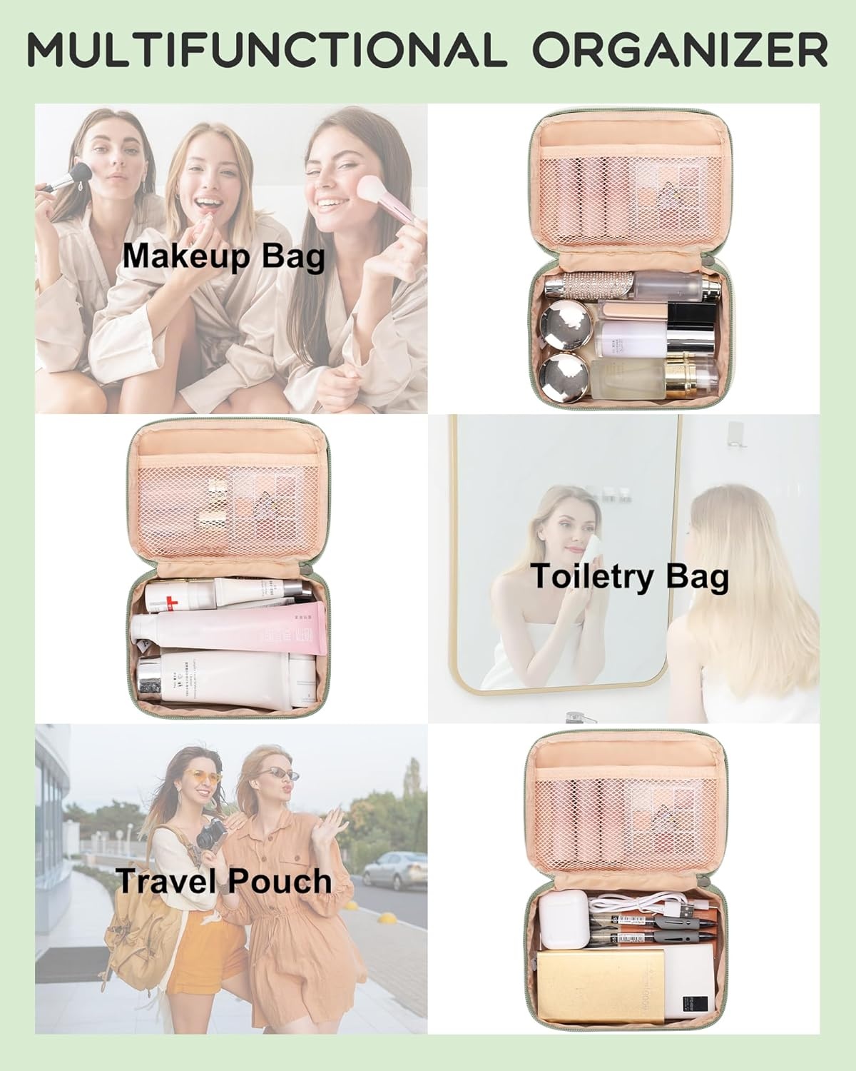 image:imageRelavel Travel Makeup Bag Large Floral Cosmetic Bag with Makeup Brush Compartment Portable Makeup Pouch for Women Double Layer Makeup Organizer Bag Cute Toiletry Bag01Green
