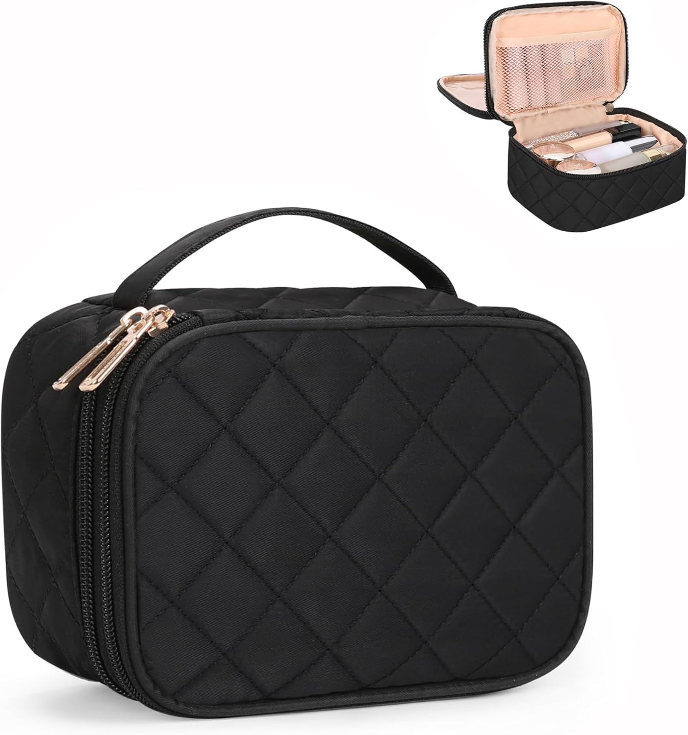 image:imageRelavel Travel Makeup Bag Large Floral Cosmetic Bag with Makeup Brush Compartment Portable Makeup Pouch for Women Double Layer Makeup Organizer Bag Cute Toiletry Bag01Black