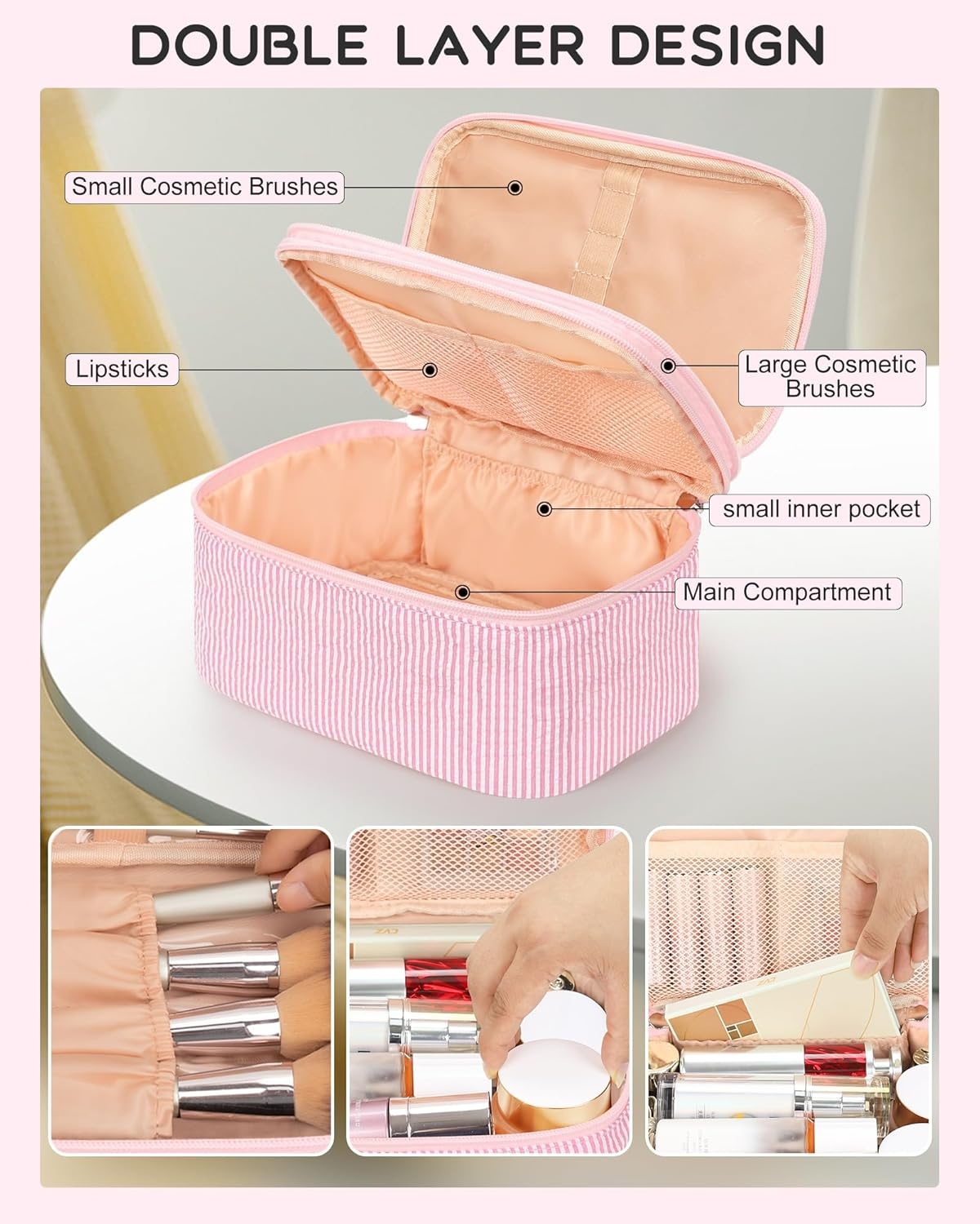 image:imageRelavel Travel Makeup Bag Large Floral Cosmetic Bag with Makeup Brush Compartment Portable Makeup Pouch for Women Double Layer Makeup Organizer Bag Cute Toiletry Bag01Pink Strip