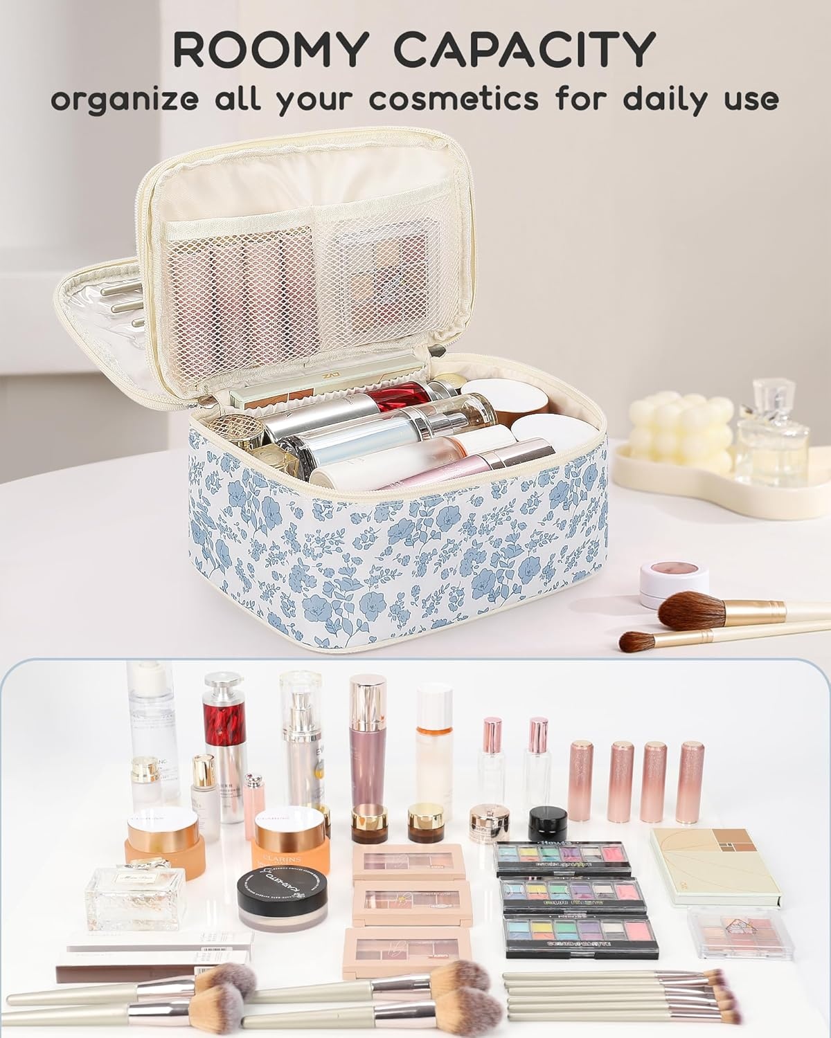 image:imageRelavel Travel Makeup Bag Large Floral Cosmetic Bag with Makeup Brush Compartment Portable Makeup Pouch for Women Double Layer Makeup Organizer Bag Cute Toiletry Bag01Blue Flower
