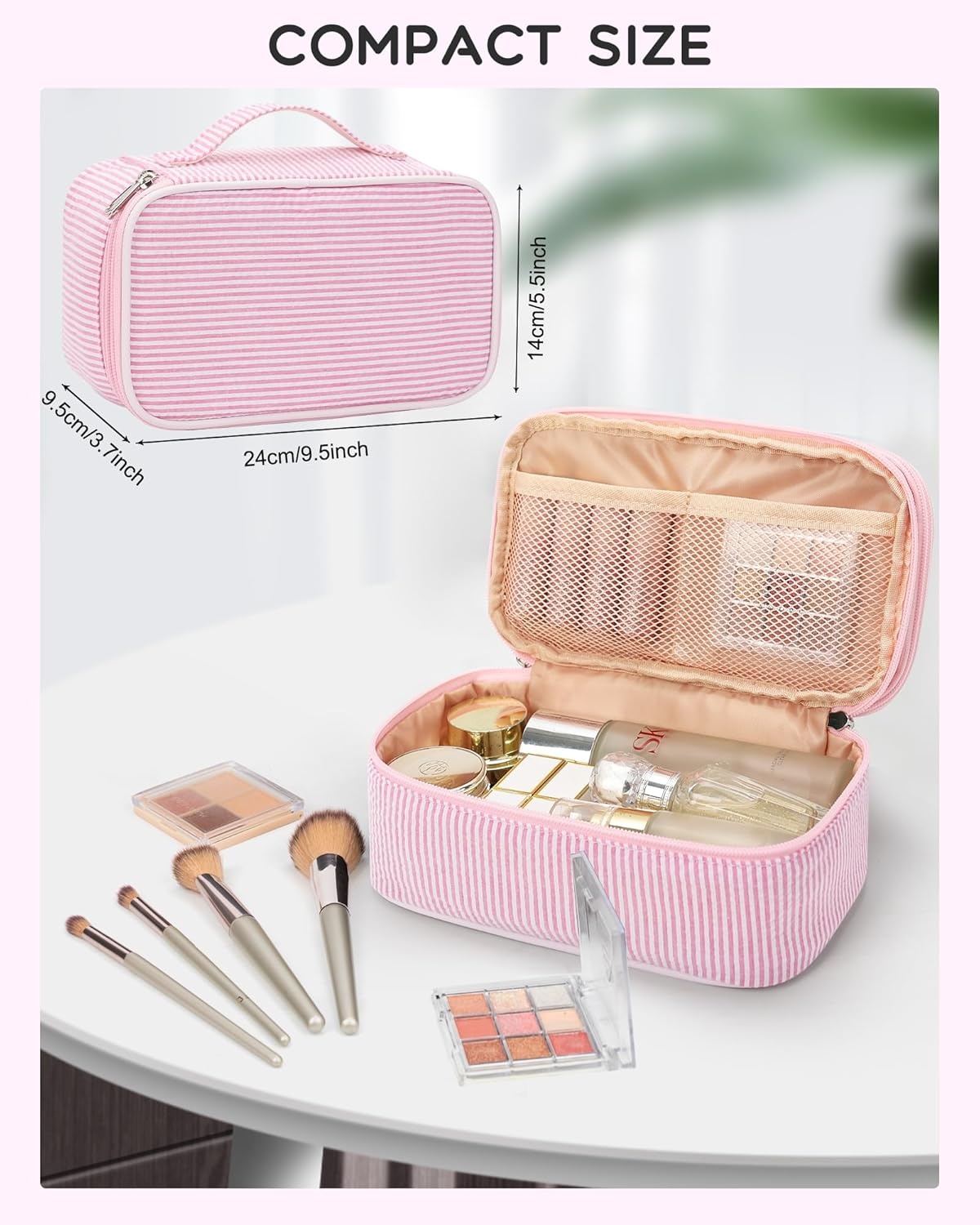 image:imageRelavel Travel Makeup Bag Large Floral Cosmetic Bag with Makeup Brush Compartment Portable Makeup Pouch for Women Double Layer Makeup Organizer Bag Cute Toiletry Bag01Pink Strip