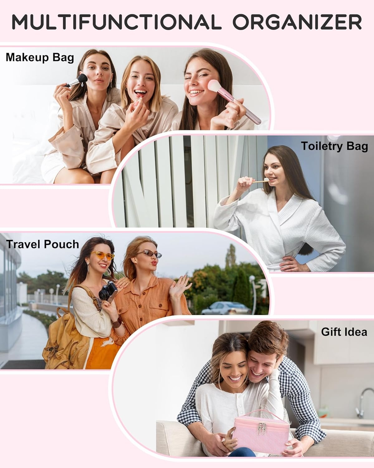 image:imageRelavel Travel Makeup Bag Large Floral Cosmetic Bag with Makeup Brush Compartment Portable Makeup Pouch for Women Double Layer Makeup Organizer Bag Cute Toiletry Bag01Pink Strip