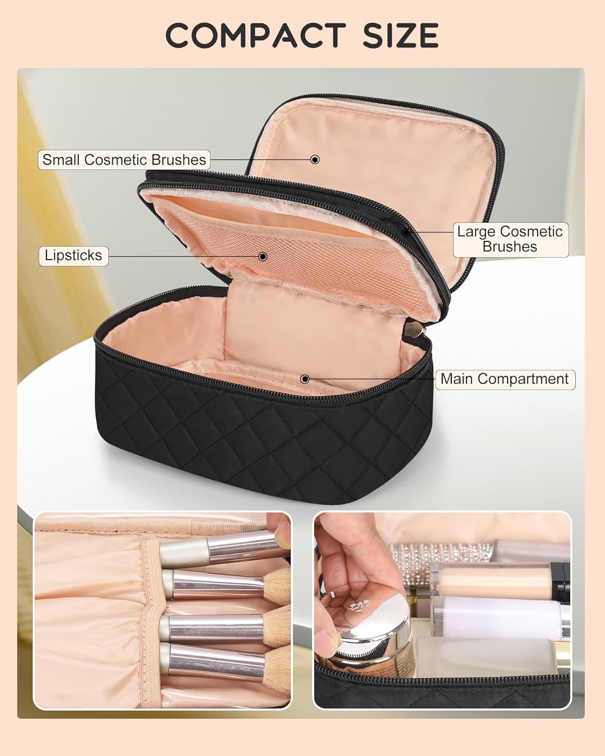 image:imageRelavel Travel Makeup Bag Large Floral Cosmetic Bag with Makeup Brush Compartment Portable Makeup Pouch for Women Double Layer Makeup Organizer Bag Cute Toiletry Bag01Black