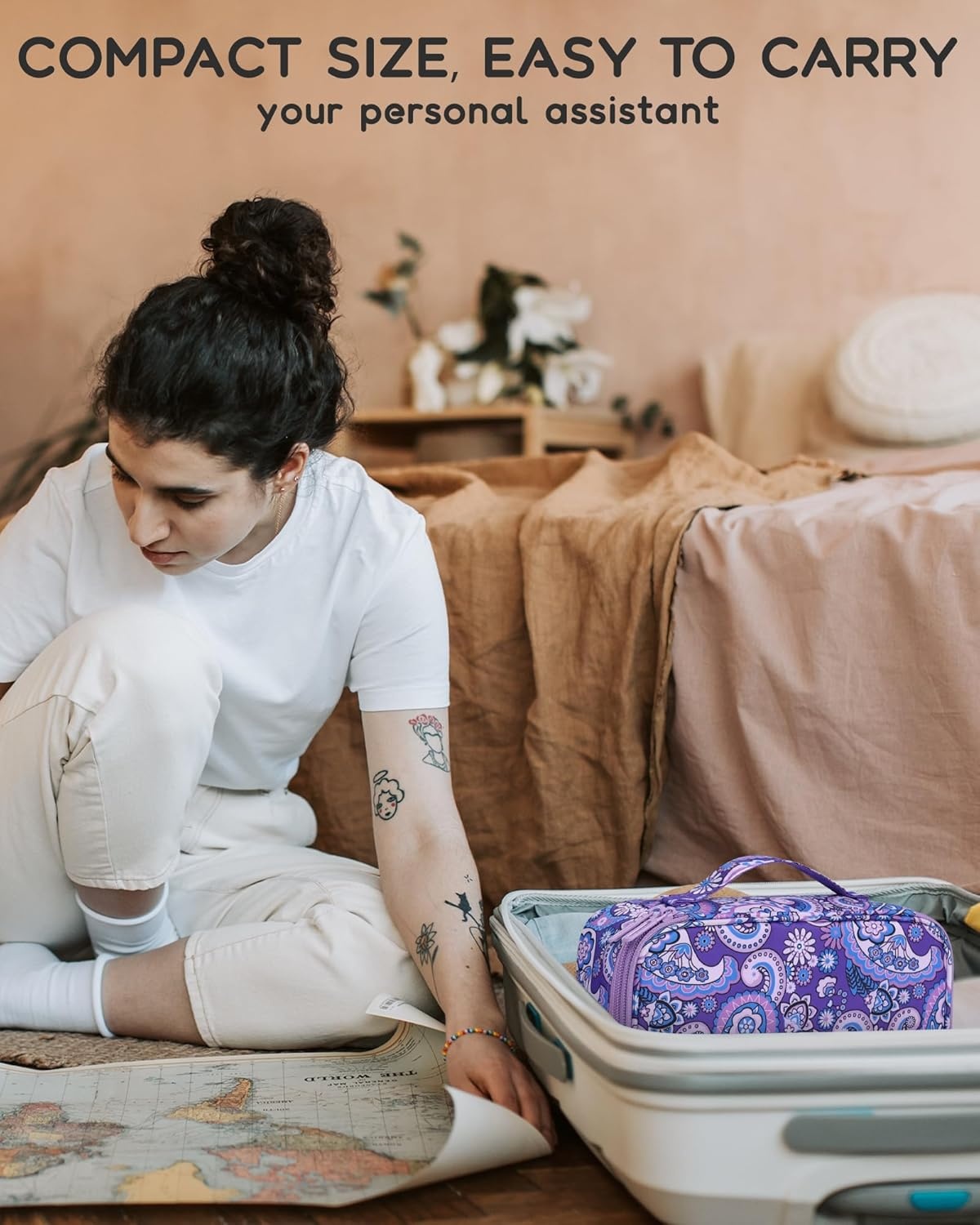 image:imageRelavel Travel Makeup Bag Large Floral Cosmetic Bag with Makeup Brush Compartment Portable Makeup Pouch for Women Double Layer Makeup Organizer Bag Cute Toiletry Bag01BFloral Purple