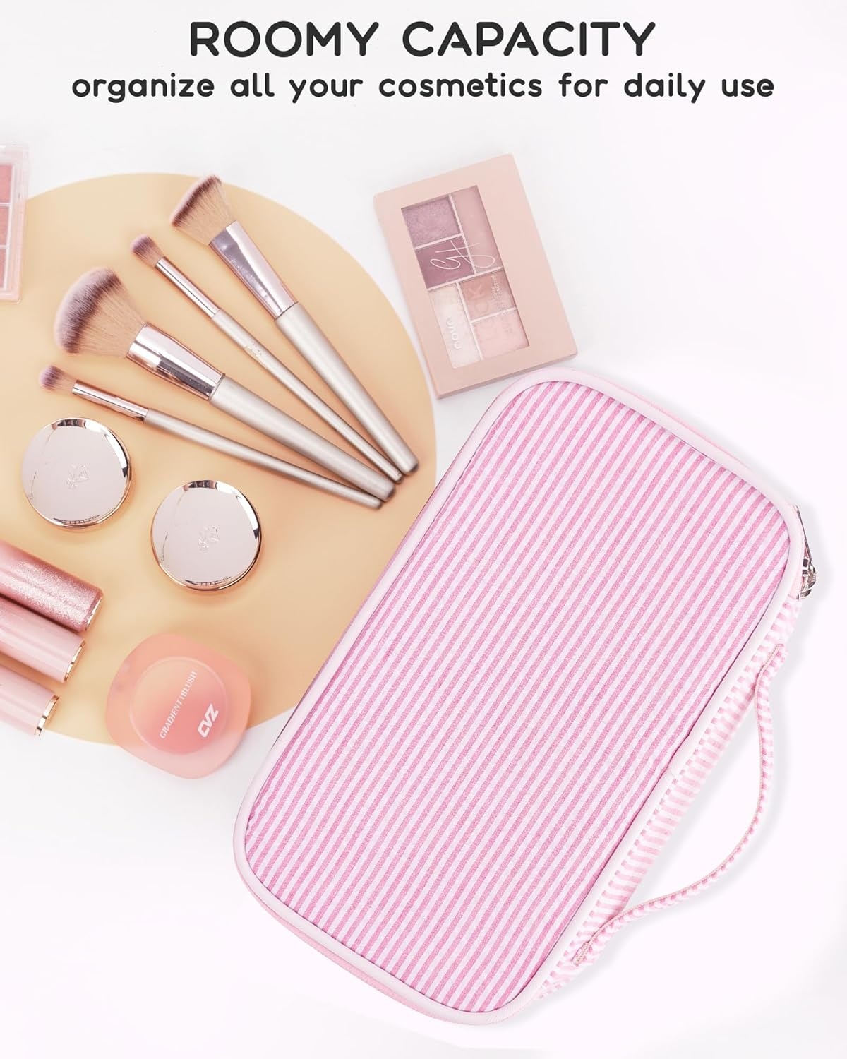image:imageRelavel Travel Makeup Bag Large Floral Cosmetic Bag with Makeup Brush Compartment Portable Makeup Pouch for Women Double Layer Makeup Organizer Bag Cute Toiletry Bag01Pink Strip
