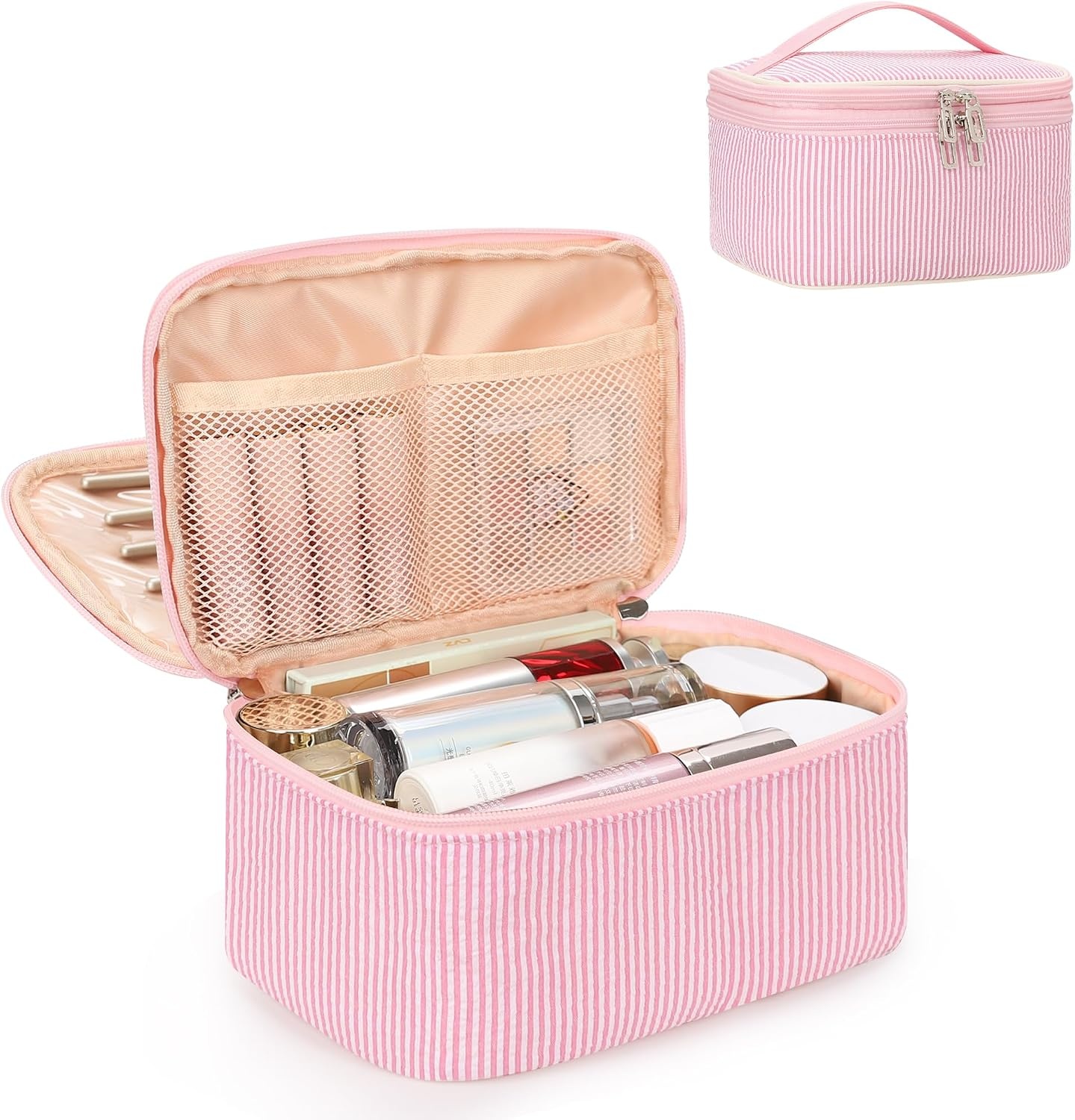 image:imageRelavel Travel Makeup Bag Large Floral Cosmetic Bag with Makeup Brush Compartment Portable Makeup Pouch for Women Double Layer Makeup Organizer Bag Cute Toiletry Bag01Pink Strip