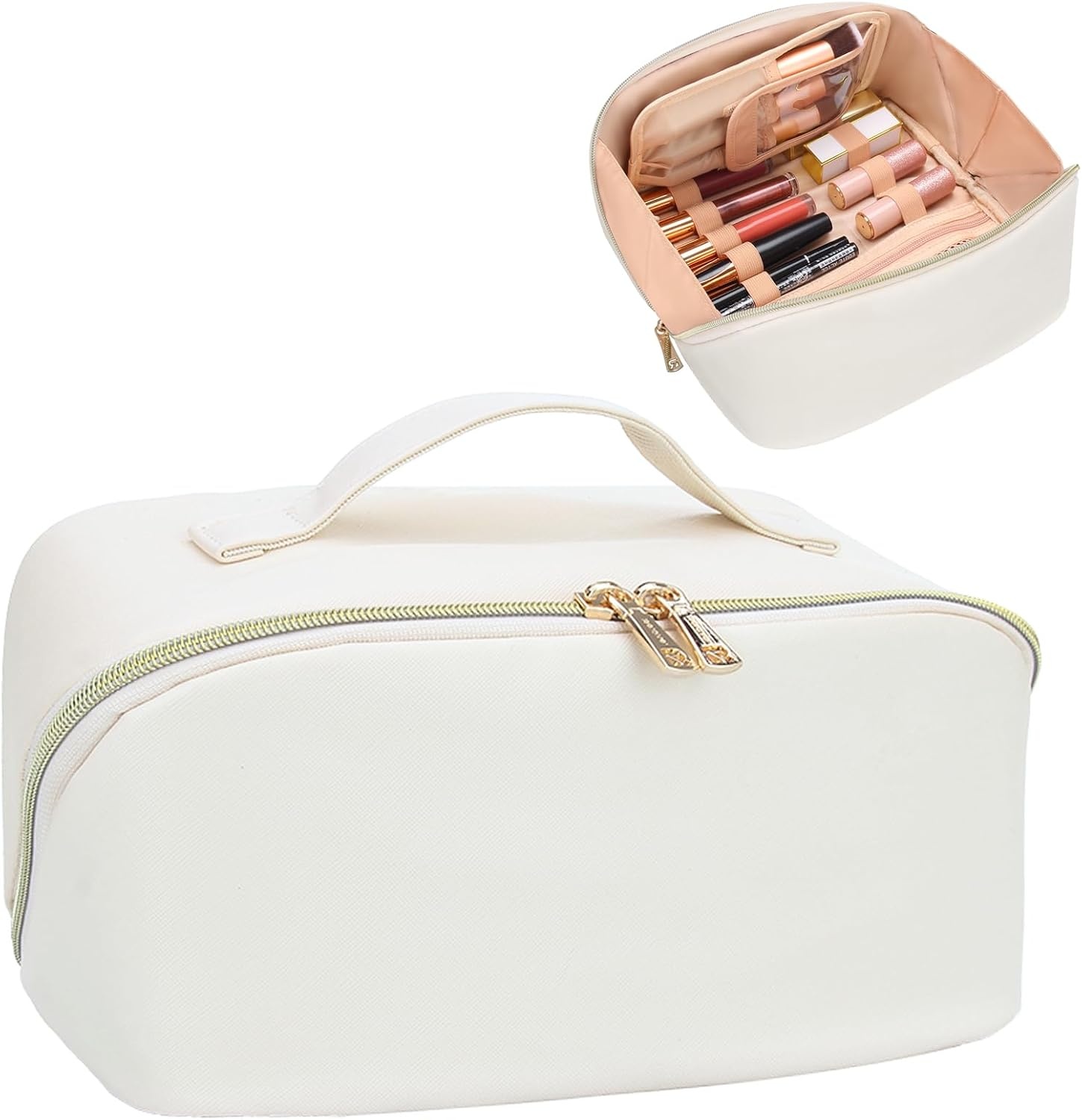 image:imageRelavel Travel Makeup Bag Large Floral Cosmetic Bag with Makeup Brush Compartment Portable Makeup Pouch for Women Double Layer Makeup Organizer Bag Cute Toiletry Bag02White