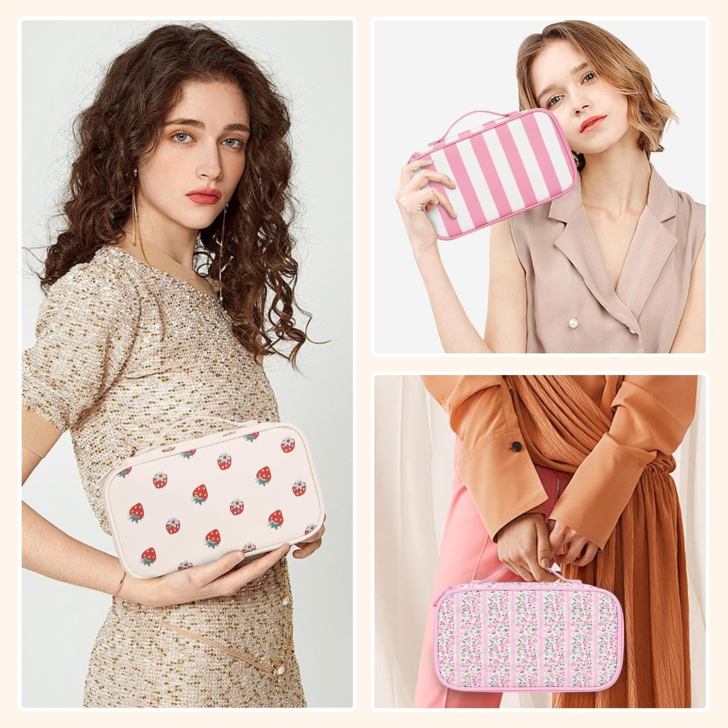 image:imageRelavel Travel Makeup Bag Large Floral Cosmetic Bag with Makeup Brush Compartment Portable Makeup Pouch for Women Double Layer Makeup Organizer Bag Cute Toiletry Bag01AStrawberry