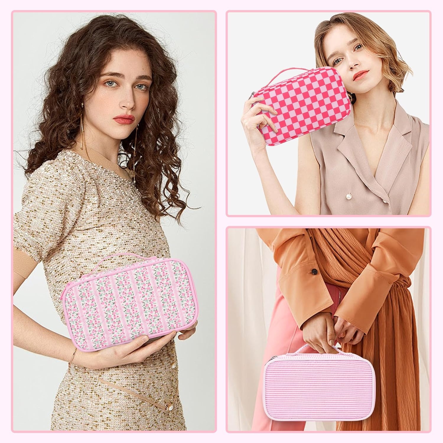 image:imageRelavel Travel Makeup Bag Large Floral Cosmetic Bag with Makeup Brush Compartment Portable Makeup Pouch for Women Double Layer Makeup Organizer Bag Cute Toiletry Bag01CFloral Pink