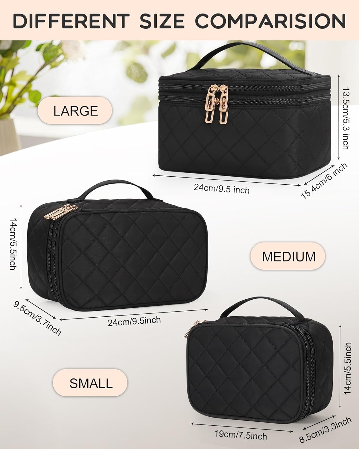 image:imageRelavel Travel Makeup Bag Large Floral Cosmetic Bag with Makeup Brush Compartment Portable Makeup Pouch for Women Double Layer Makeup Organizer Bag Cute Toiletry Bag01Black