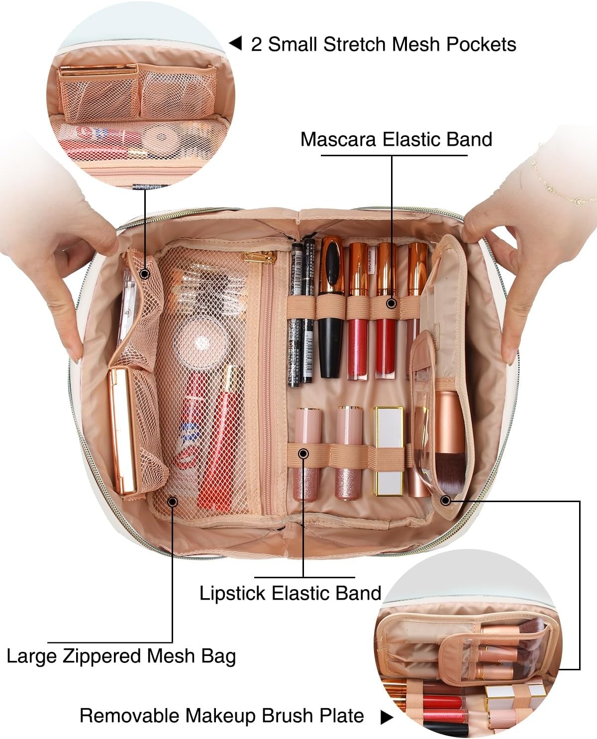 image:imageRelavel Travel Makeup Bag Large Floral Cosmetic Bag with Makeup Brush Compartment Portable Makeup Pouch for Women Double Layer Makeup Organizer Bag Cute Toiletry Bag02White