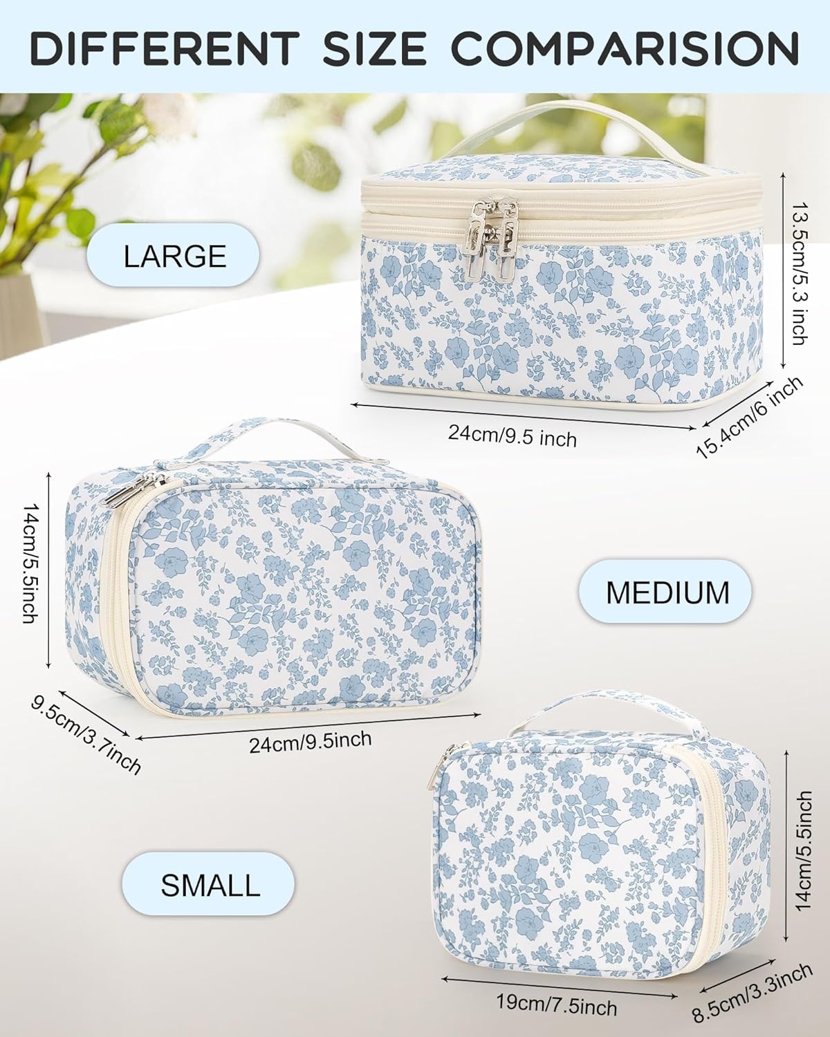 image:imageRelavel Travel Makeup Bag Large Floral Cosmetic Bag with Makeup Brush Compartment Portable Makeup Pouch for Women Double Layer Makeup Organizer Bag Cute Toiletry Bag01Blue Flower