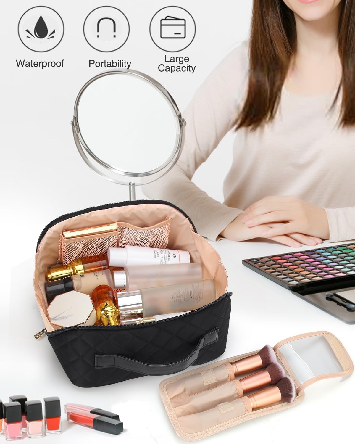 image:imageRelavel Travel Makeup Bag Large Floral Cosmetic Bag with Makeup Brush Compartment Portable Makeup Pouch for Women Double Layer Makeup Organizer Bag Cute Toiletry Bag01Black