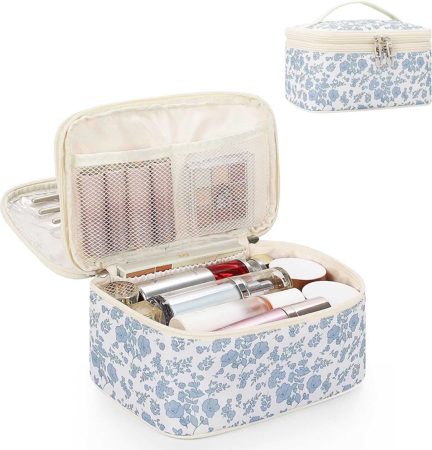 image:imageRelavel Travel Makeup Bag Large Floral Cosmetic Bag with Makeup Brush Compartment Portable Makeup Pouch for Women Double Layer Makeup Organizer Bag Cute Toiletry Bag01Blue Flower