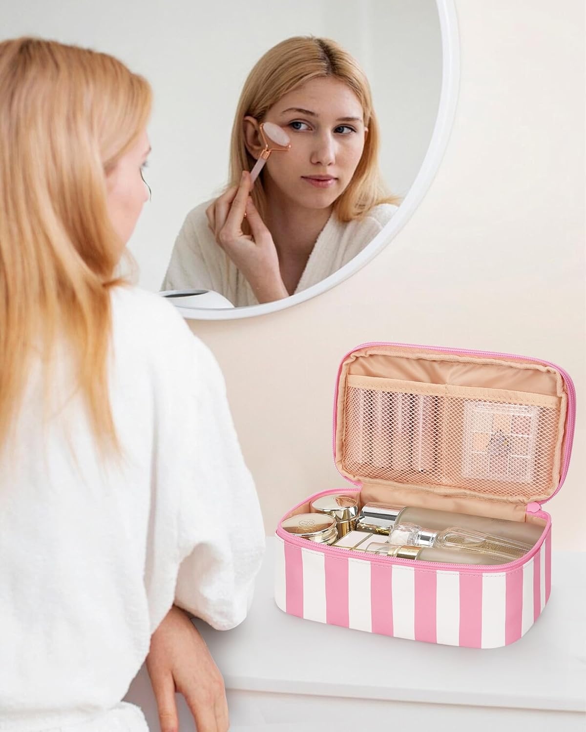 image:imageRelavel Travel Makeup Bag Large Floral Cosmetic Bag with Makeup Brush Compartment Portable Makeup Pouch for Women Double Layer Makeup Organizer Bag Cute Toiletry Bag01BWide Strip