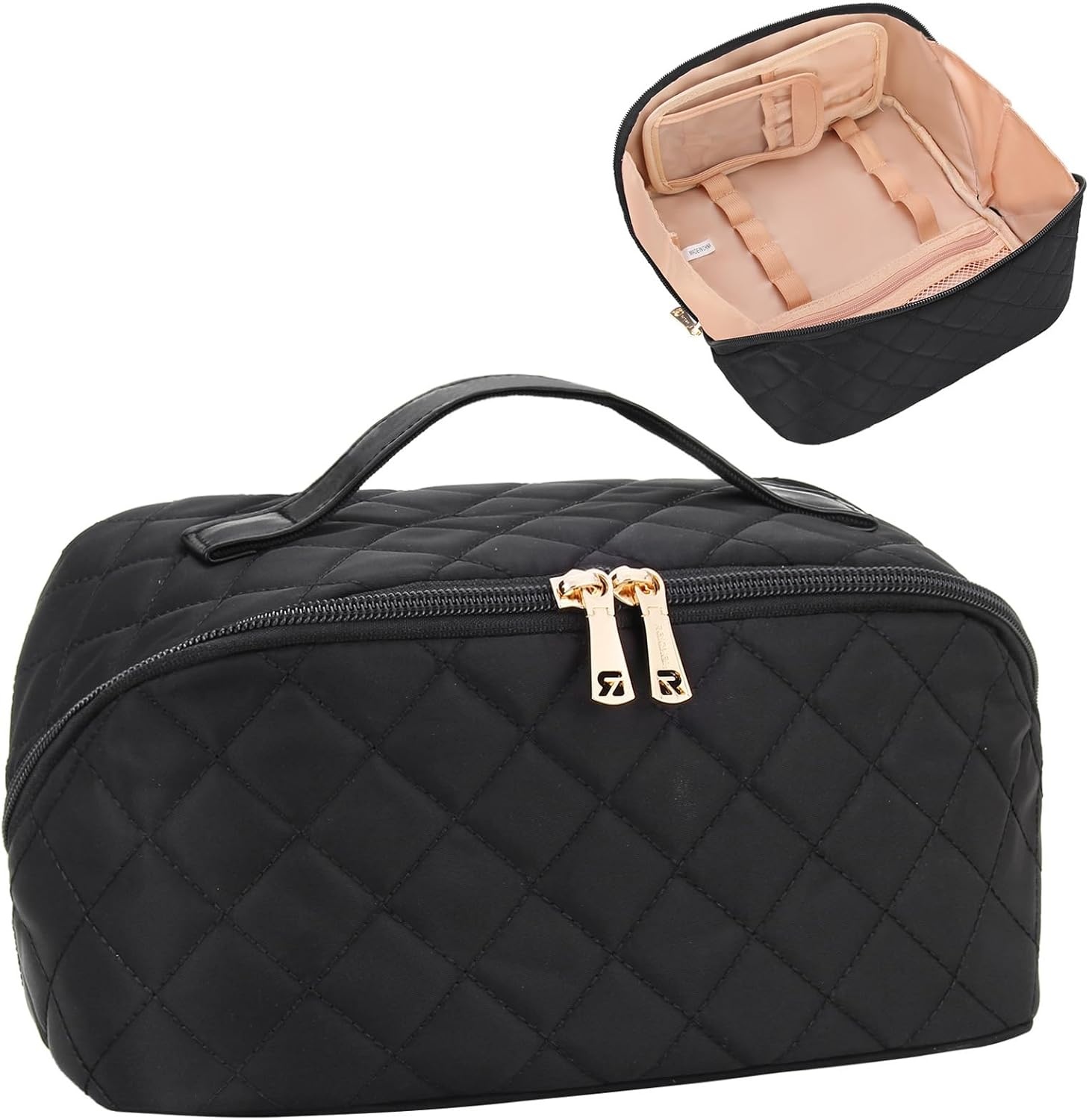 image:imageRelavel Travel Makeup Bag Large Floral Cosmetic Bag with Makeup Brush Compartment Portable Makeup Pouch for Women Double Layer Makeup Organizer Bag Cute Toiletry Bag01Black